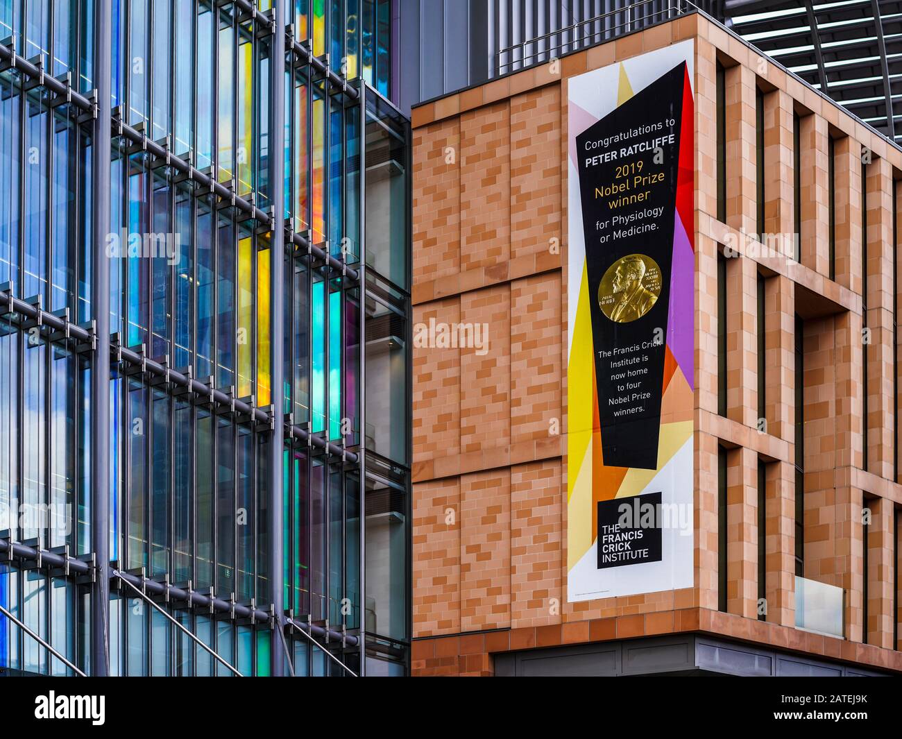 The Francis Crick Institute London with a banner congratulating Peter Ratcliffe for his 2019 Nobel Prize for Physiology or Medicine. Stock Photo
