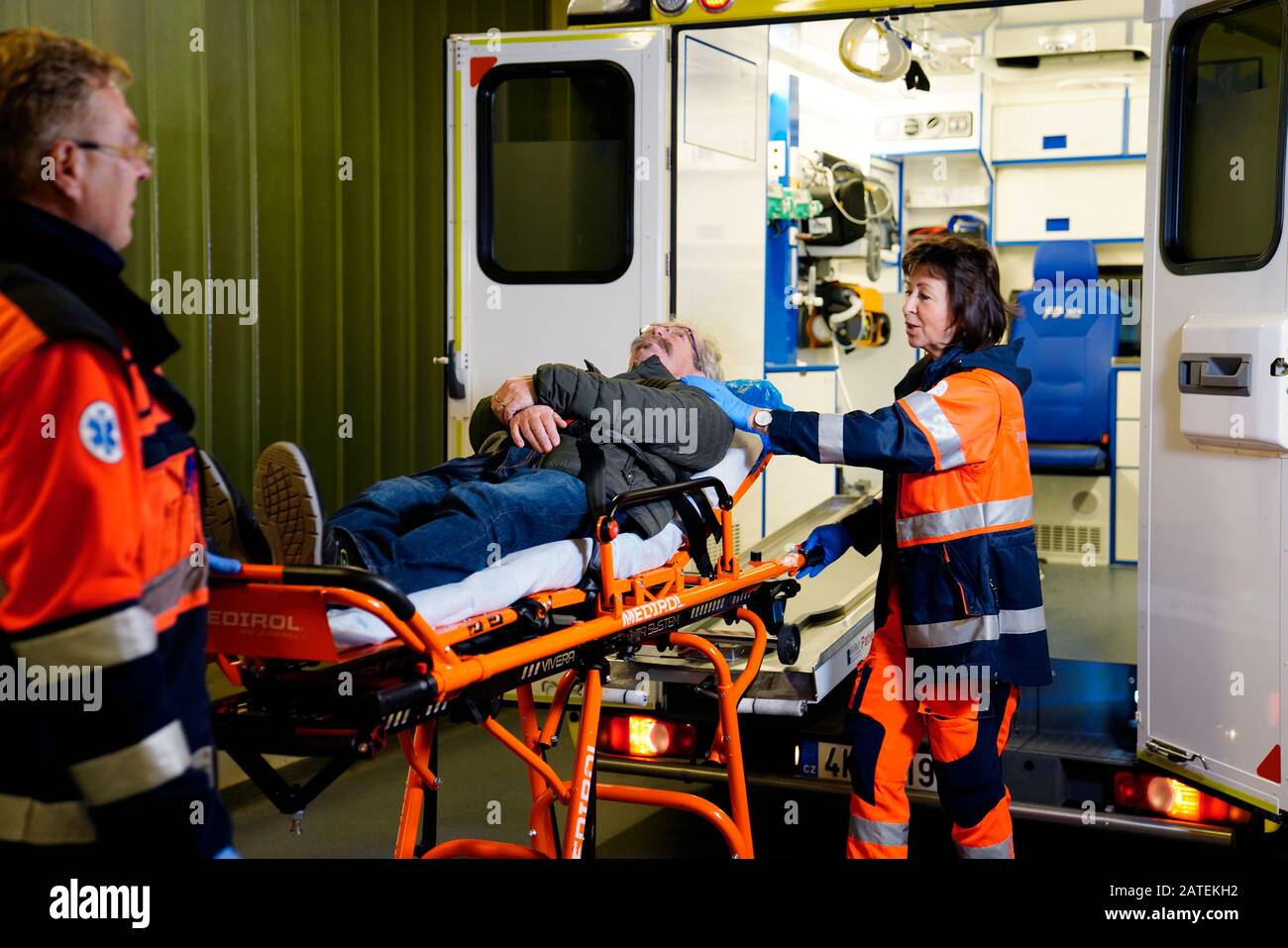 Arrival of the ambulance with the patient in the hospital, Karlovy Vary, Czech Republic Stock Photo