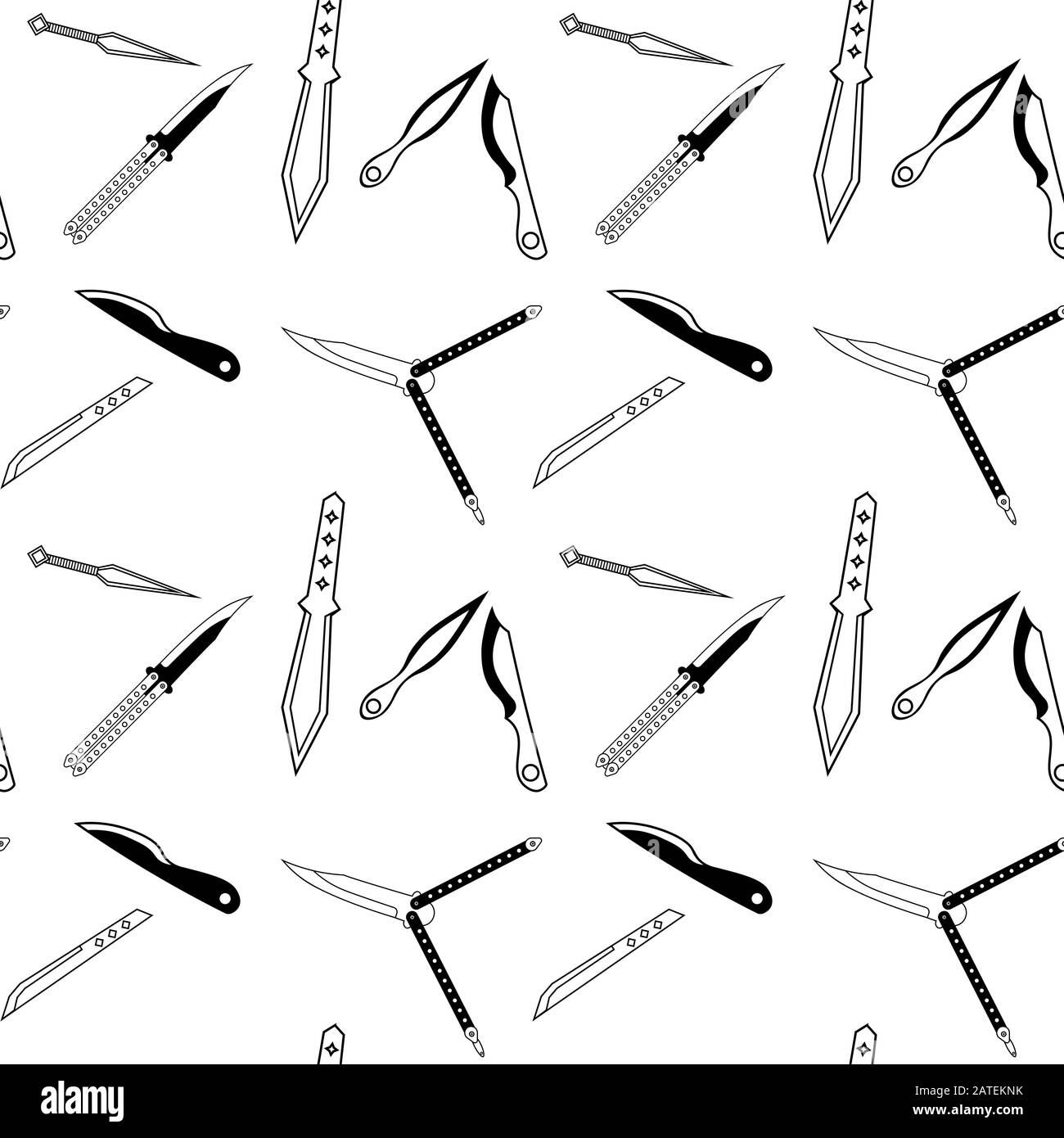 Seamless background with black and white throwing knives and butterfly knives Stock Vector