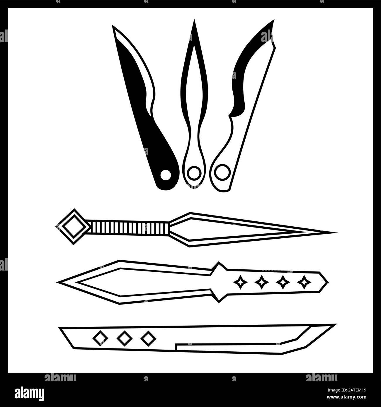 Concept illustration of six isolated black and white throwing knives Stock Vector