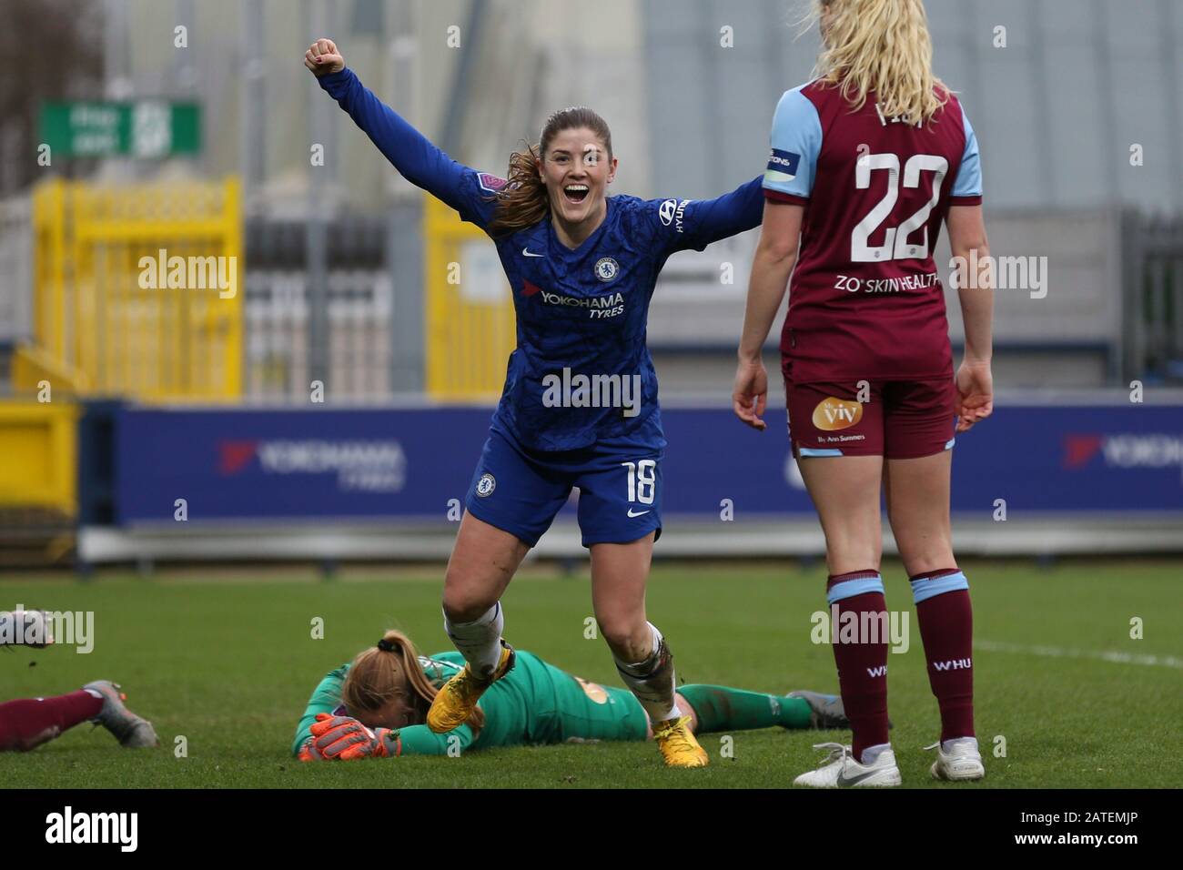 London, UK. 2nd February 2020. Maren Mjelde of Chelsea Women celebrating her team's sixth goal during the Barclays FA Women's Super League match between Chelsea and West Ham United at the Kingsmeadow, Kingston on Thames on Sunday 2nd February 2020. (Credit: Jacques Feeney | MI News) Photograph may only be used for newspaper and/or magazine editorial purposes, license required for commercial use Credit: MI News & Sport /Alamy Live News Stock Photo
