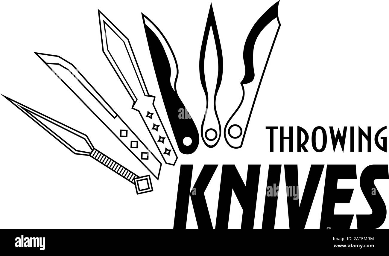 Sixblack and white contour throwing knives above text 'throwing knives' Stock Vector