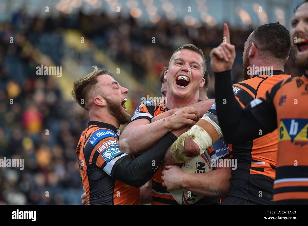 Leeds, UK, 2nd February 2020. Adam Milner of Castleford Tigers celebrates scoring a try  against Super League new boys Toronto Wolfpack. Credit: Dean Williams/Alamy Live News Stock Photo