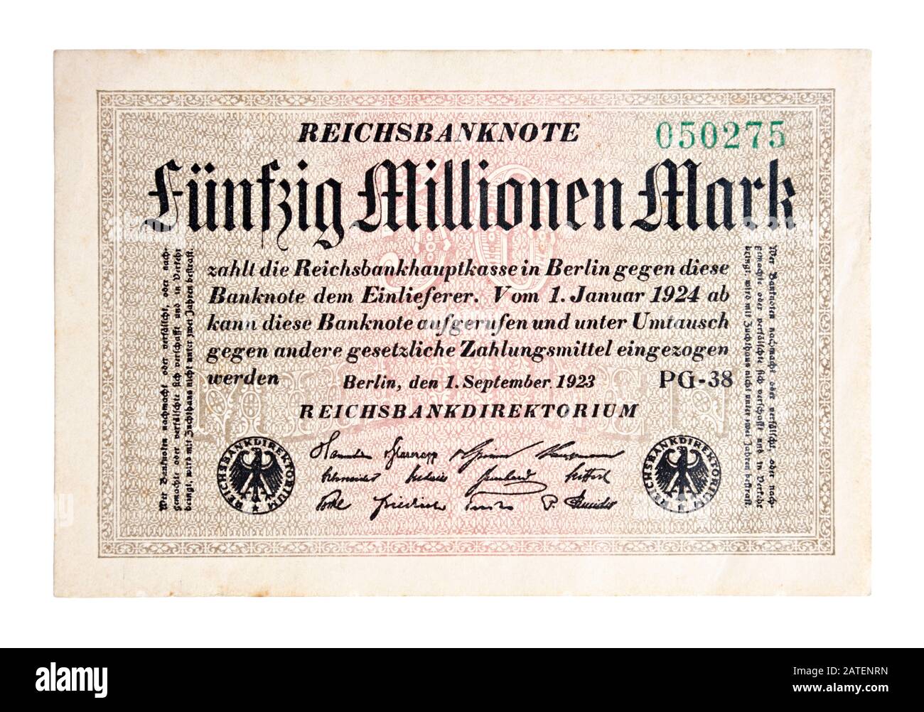 Former german 50,000,000 Mark bank note printed 1923 during the world economy crisis. Its backside is blank. Stock Photo