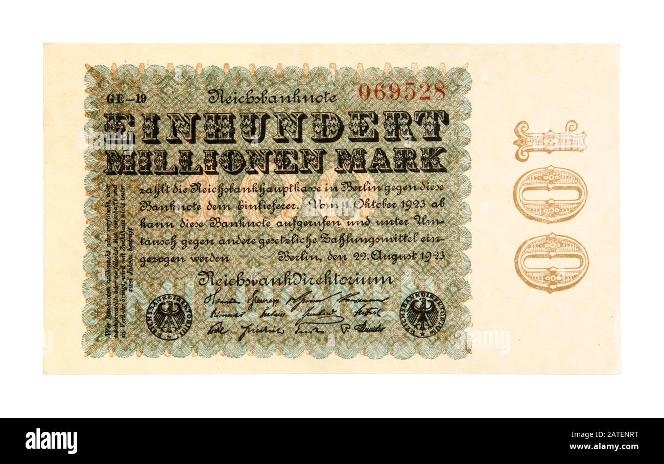 Former german 100,000,000 Mark bank note printed 1923 during the world economy crisis. Its backside is blank. Stock Photo