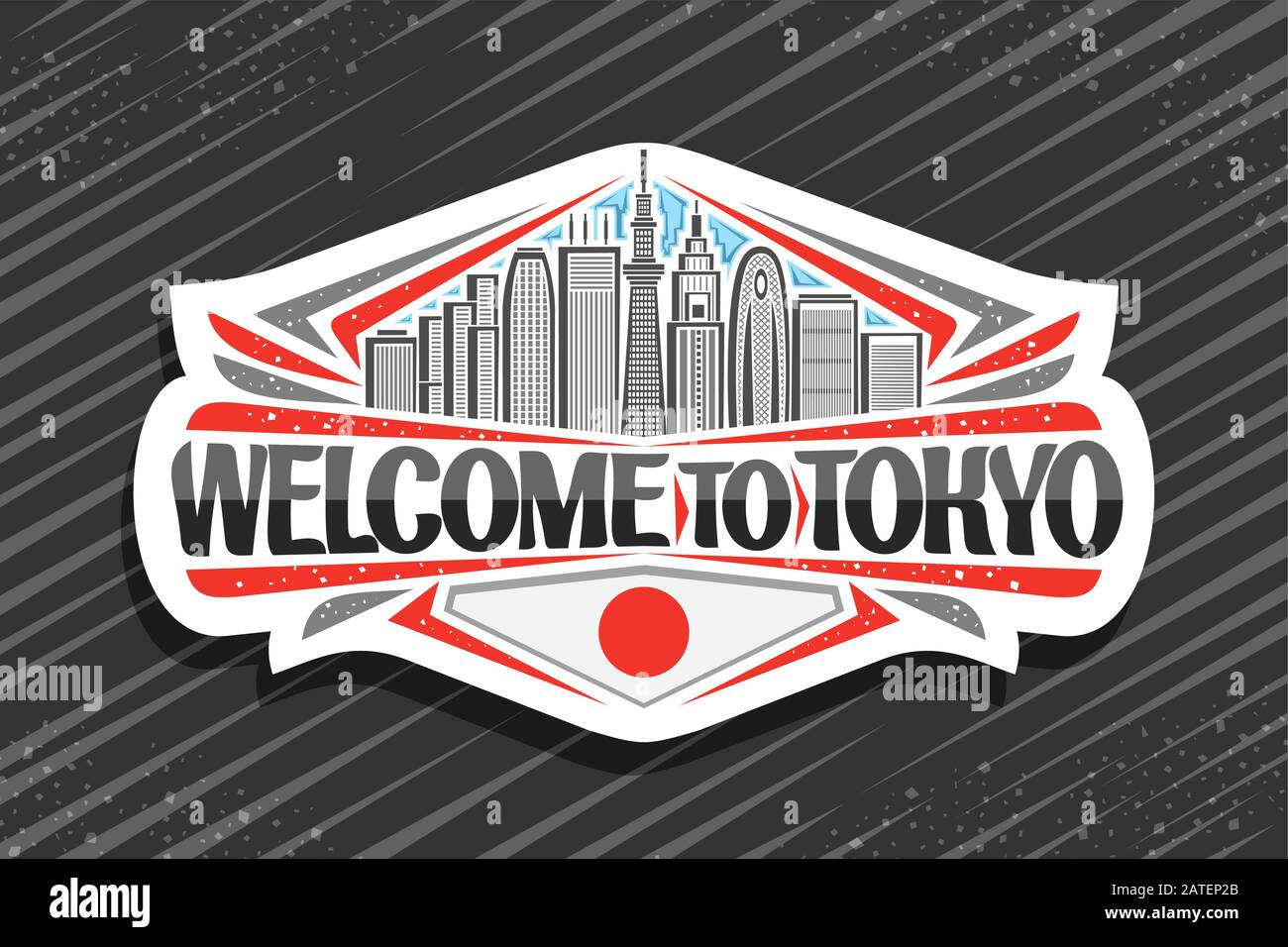 Vector logo for Tokyo, white decorative signage with line illustration of modern tokyo cityscape on sky background, tourist fridge magnet with origina Stock Vector