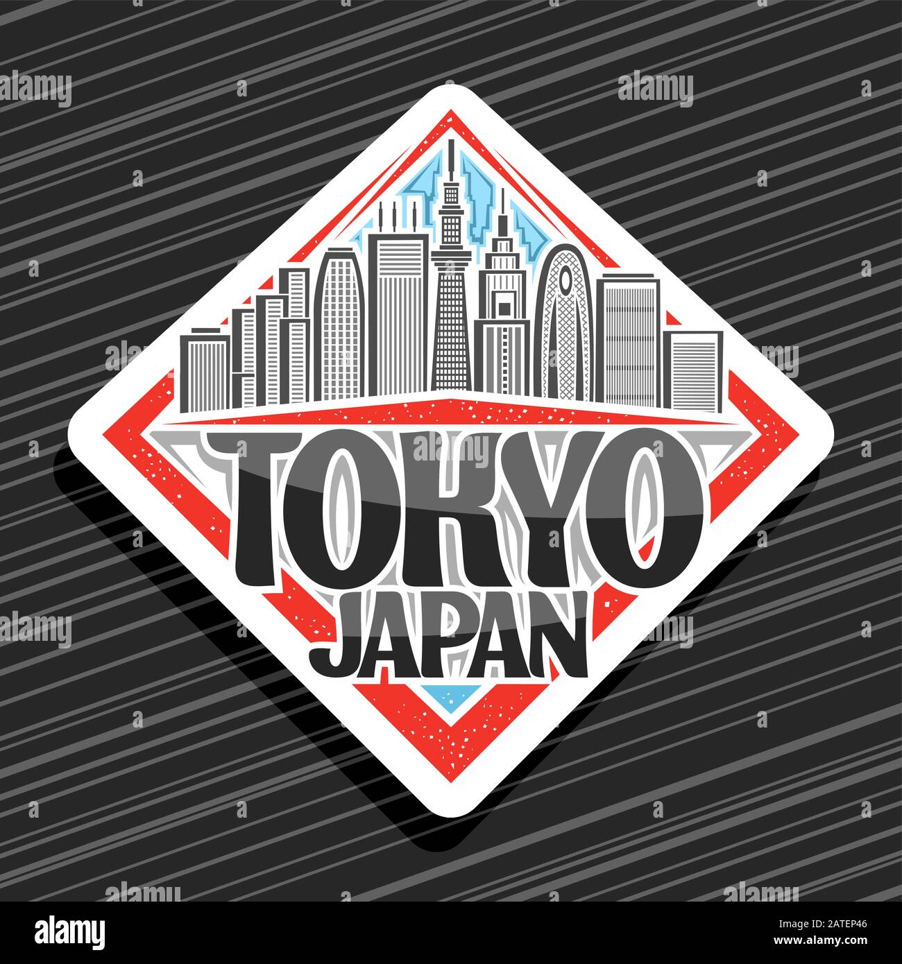 Vector logo for Tokyo, white decorative rhombus badge with line illustration of modern tokyo cityscape on sky background, tourist fridge magnet with o Stock Vector