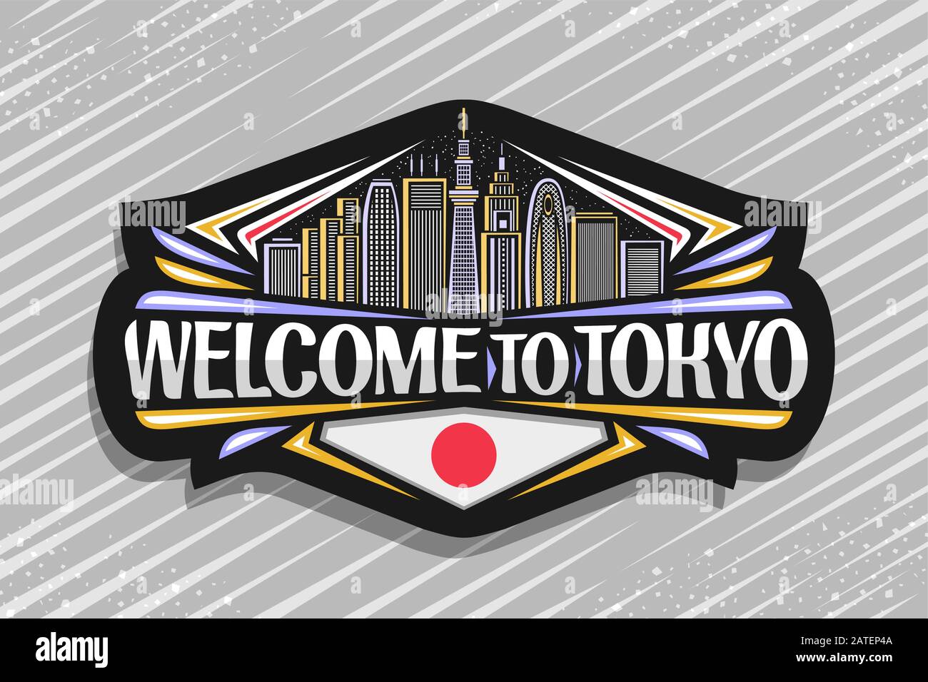 Vector logo for Tokyo, dark decorative signage with draw illustration of modern tokyo cityscape on evening sky background, tourist fridge magnet with Stock Vector