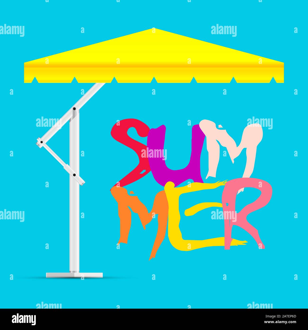 Beach umbrella summer background. illustration. Yellow awning tent and summer lettering on a sky blue background. Stock Photo
