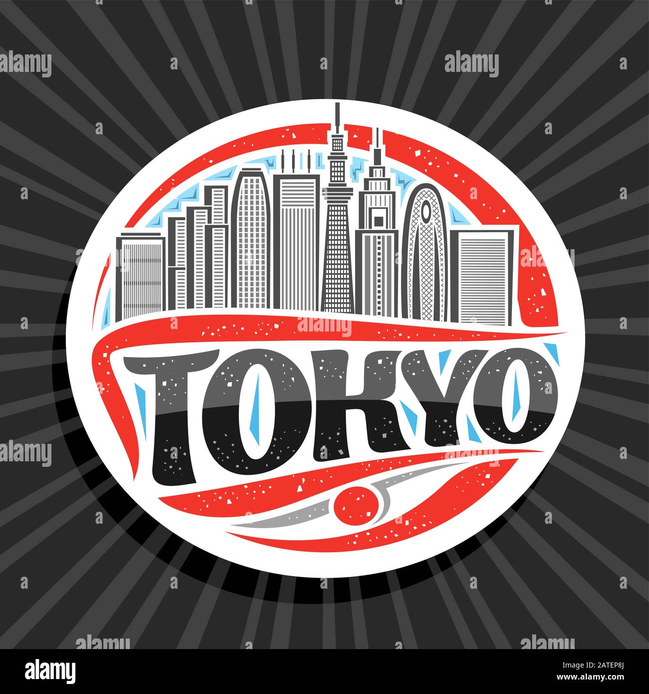 Vector logo for Tokyo, white decorative round badge with line illustration of modern tokyo cityscape on blue sky background, tourist fridge magnet wit Stock Vector