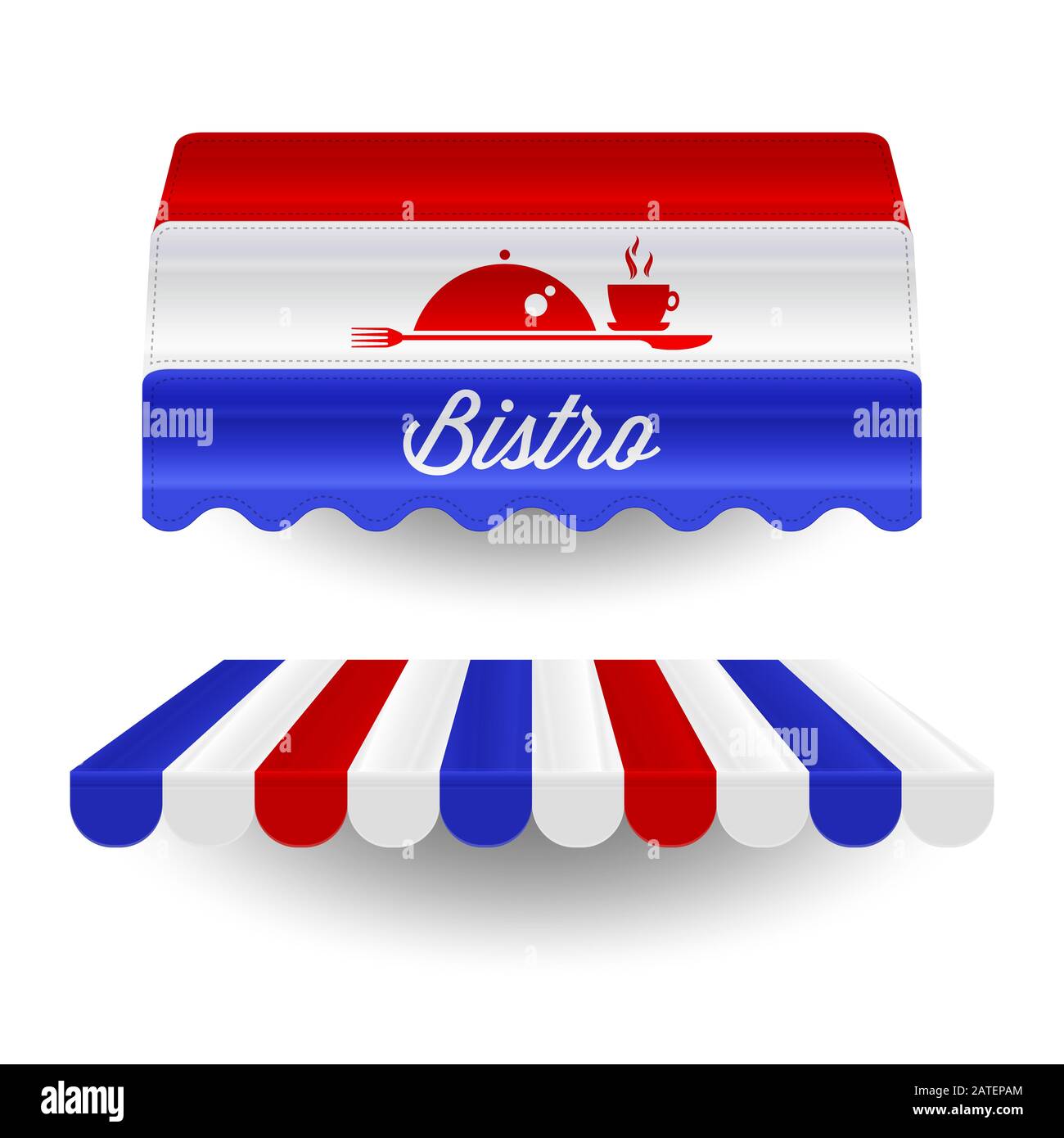 French bistro awnings in colors of the french flag. illustration. Bistro facade design element. Detailed realistic awnings for cafe, shop or restauran Stock Photo