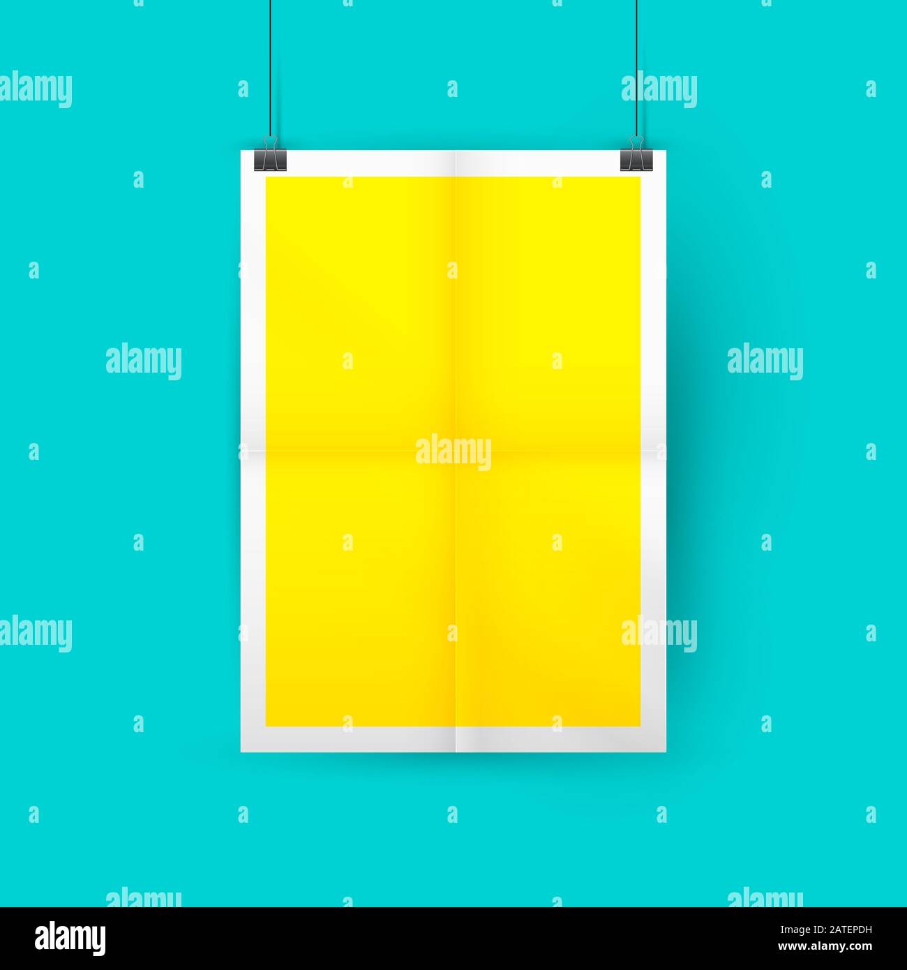 Download Yellow Paper Sheet Folded In Four Vertical Poster Mockup Hanging On Paper Clips Illustration Blue Wall Background Stock Photo Alamy PSD Mockup Templates