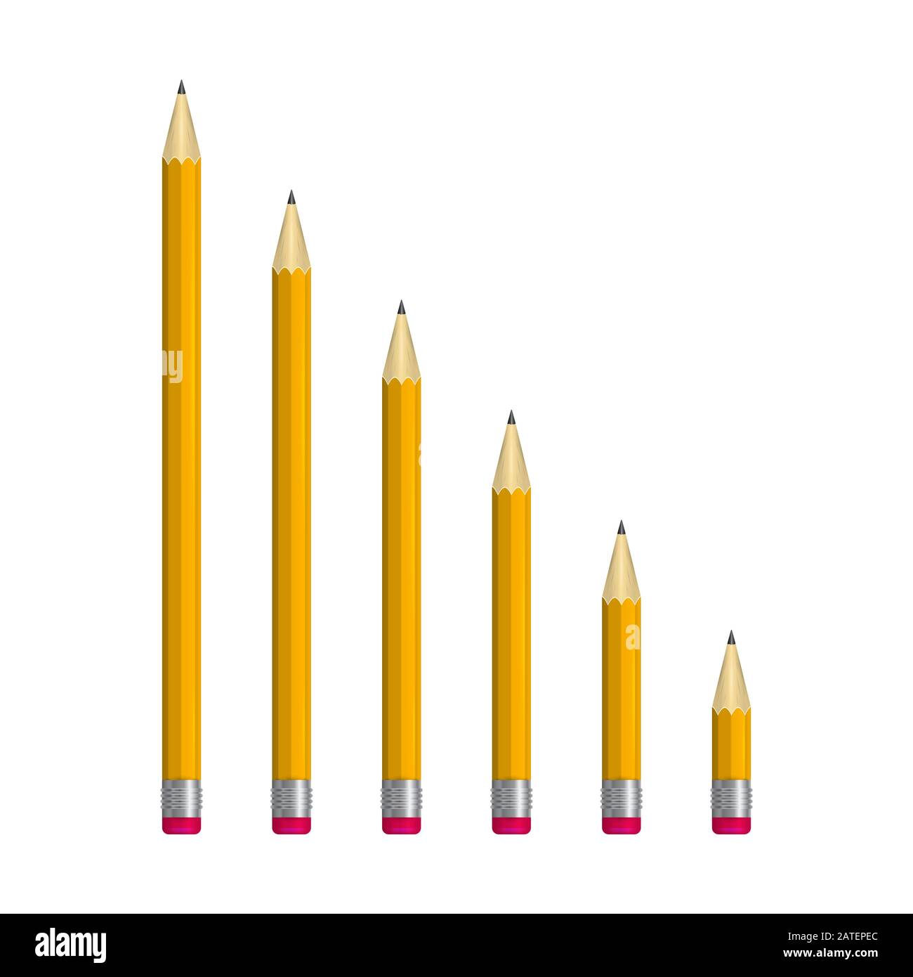 A set of pencils of different lengths illustration. Orange sharpened pencils with red erasers. Stock Photo