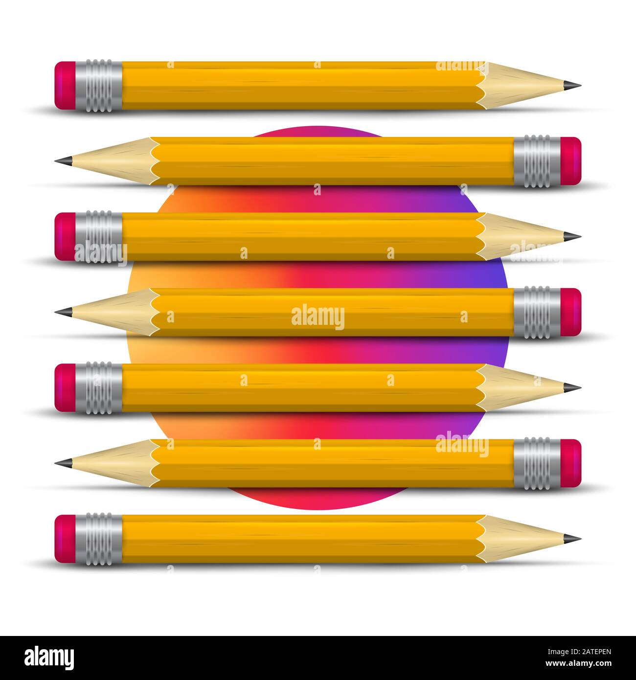 Realistic pencil set. Creation metaphor. Gradient circle. 3D pencil illustration. Writing orange sharp pencils with eraser and shadow. Stock Photo