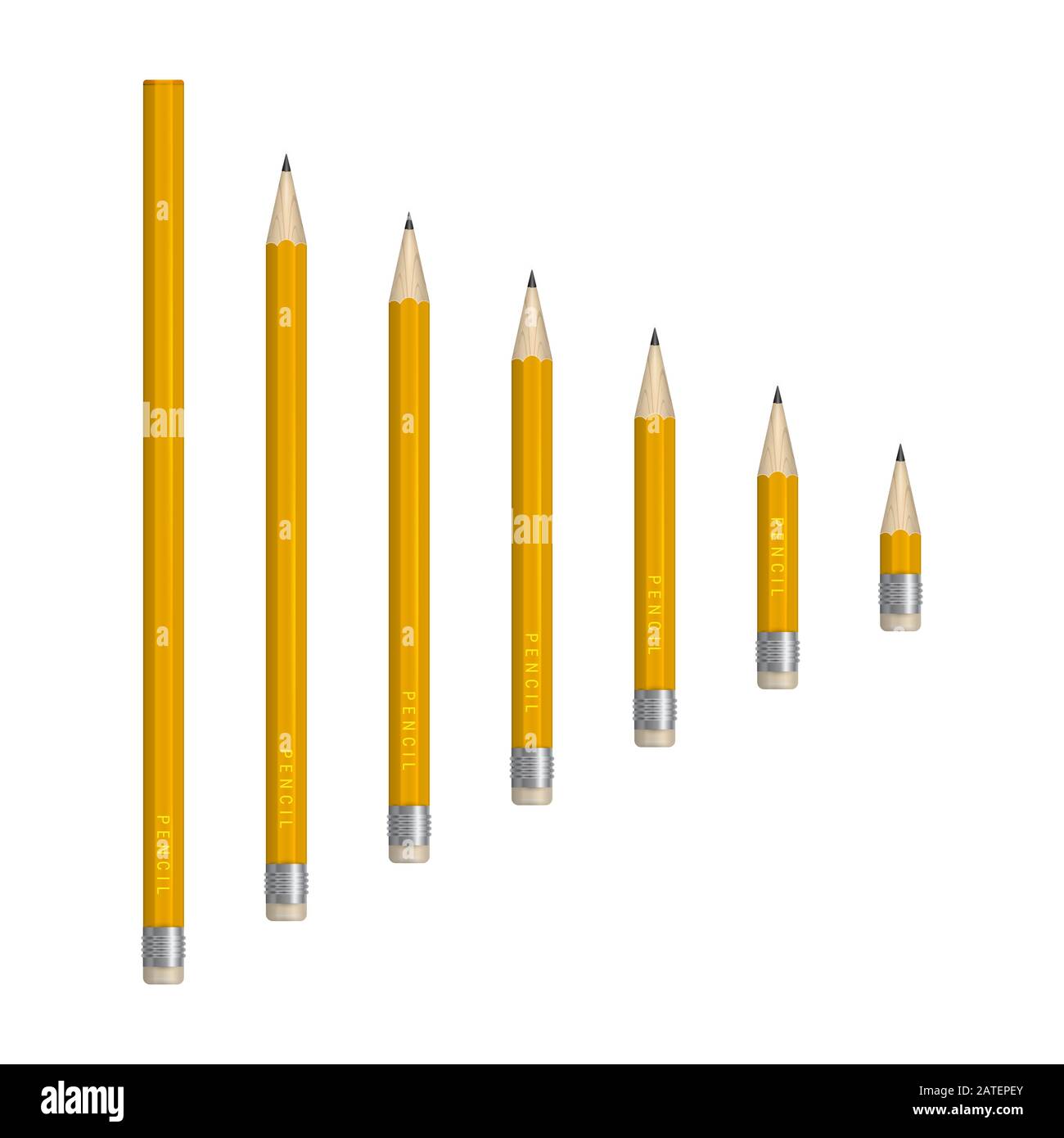 A set of pencils of different lengths, arranged in decreasing order of length. illustration. Six sharpened and one unsharpened pencil. Stock Photo