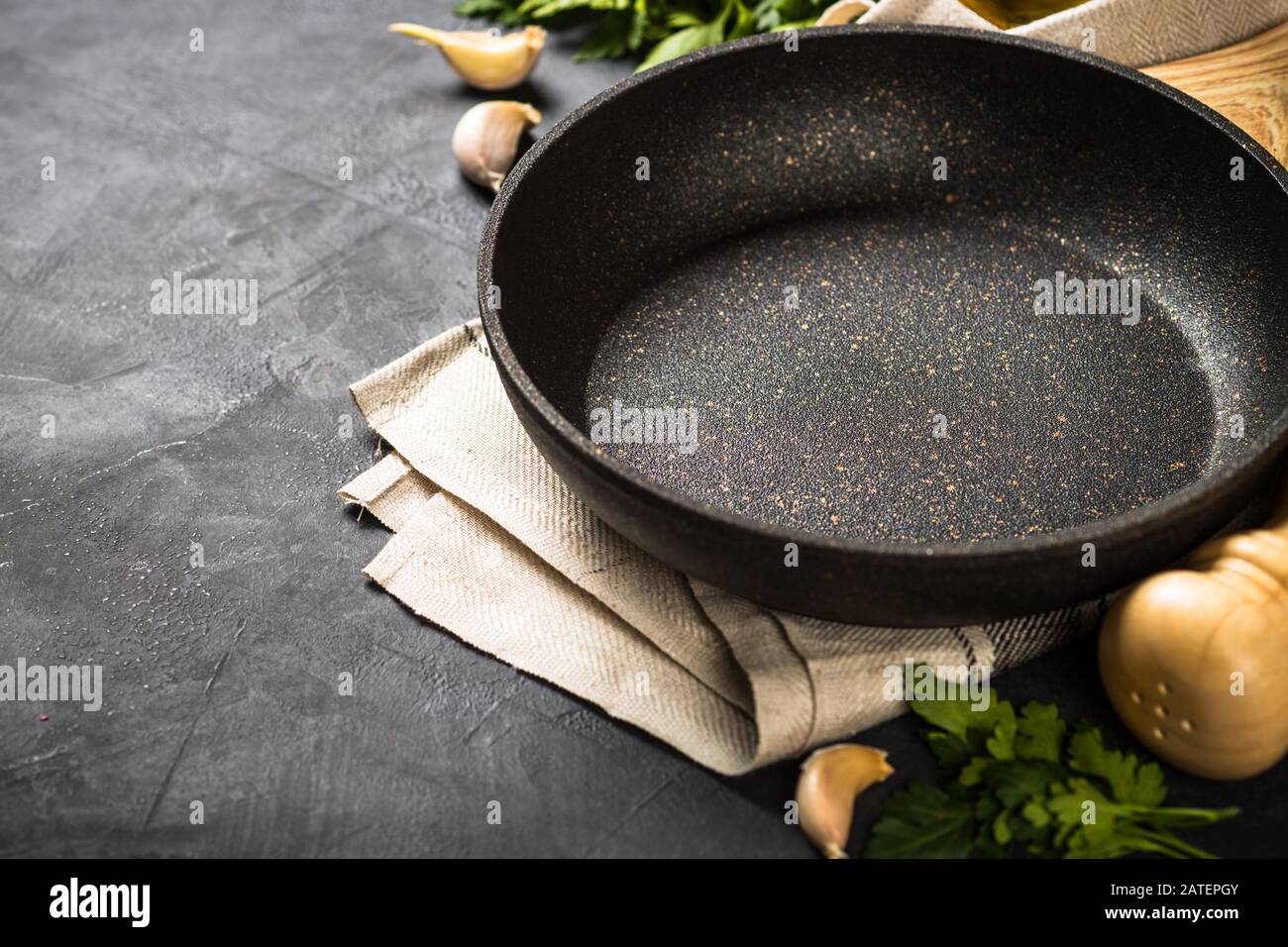 Food cooking background on black table. Stock Photo