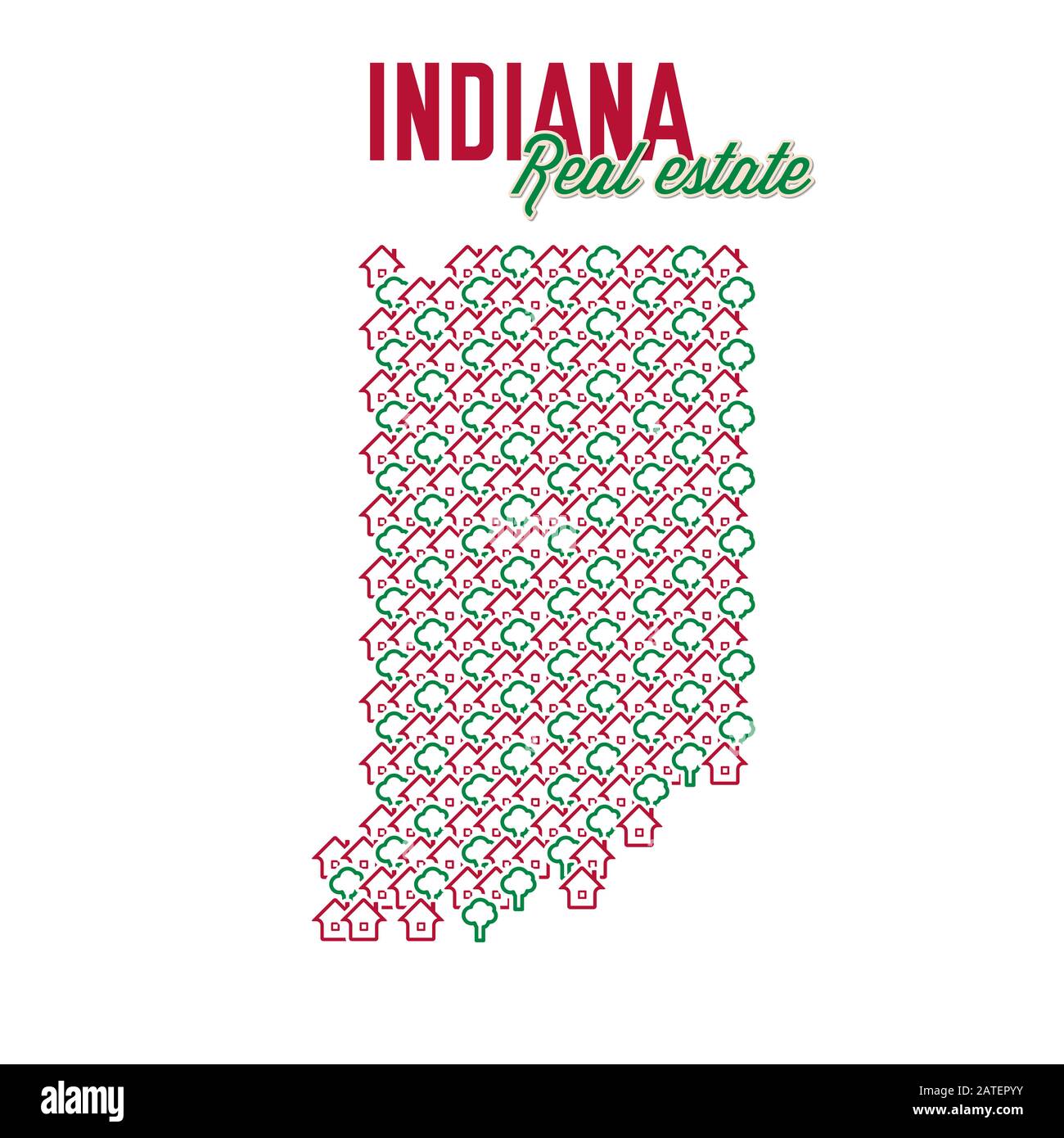 Indiana real estate properties map. Text design. Indiana US state realty creative concept. Icons