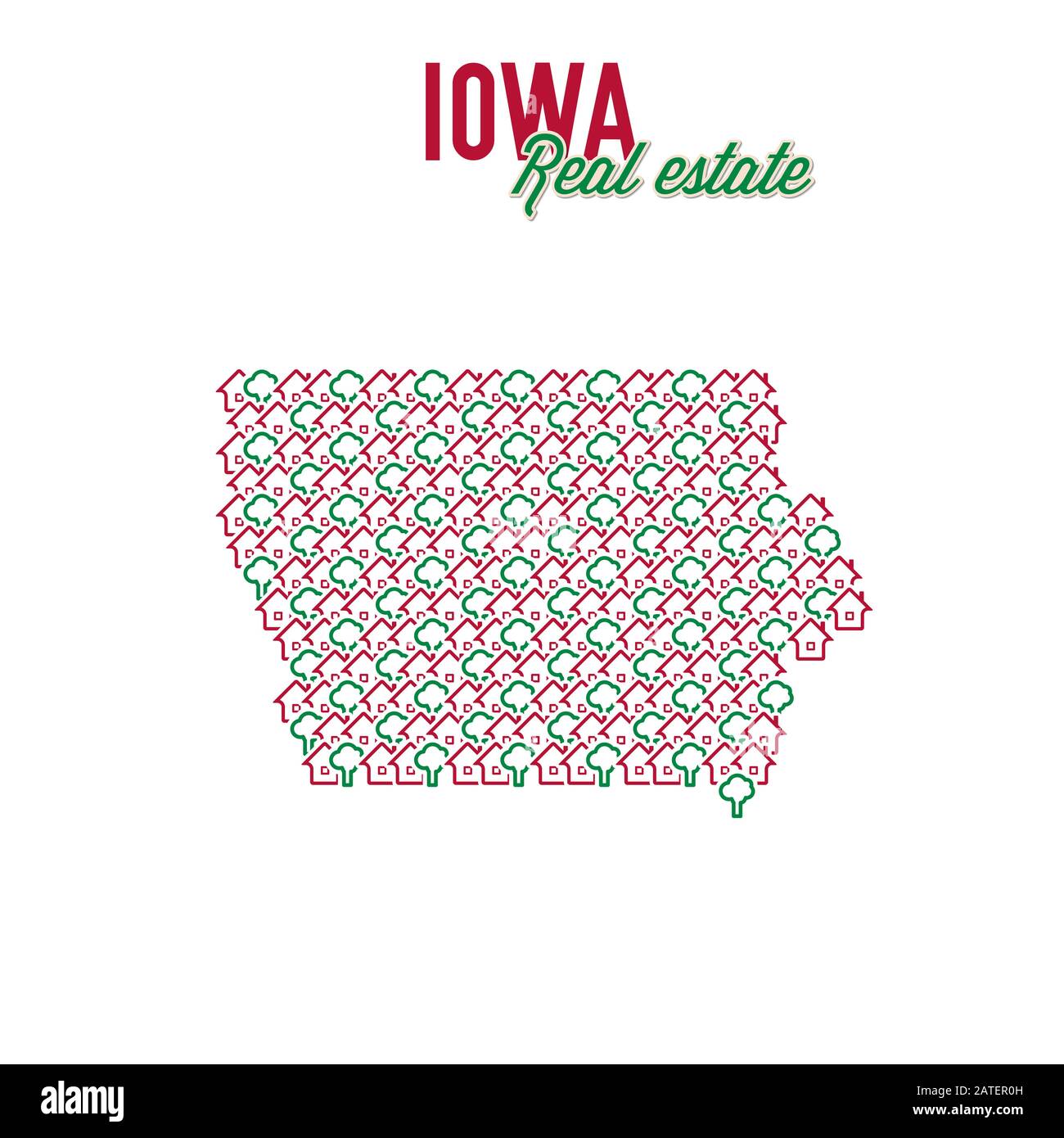 Iowa real estate properties map. Text design. Iowa US state realty
