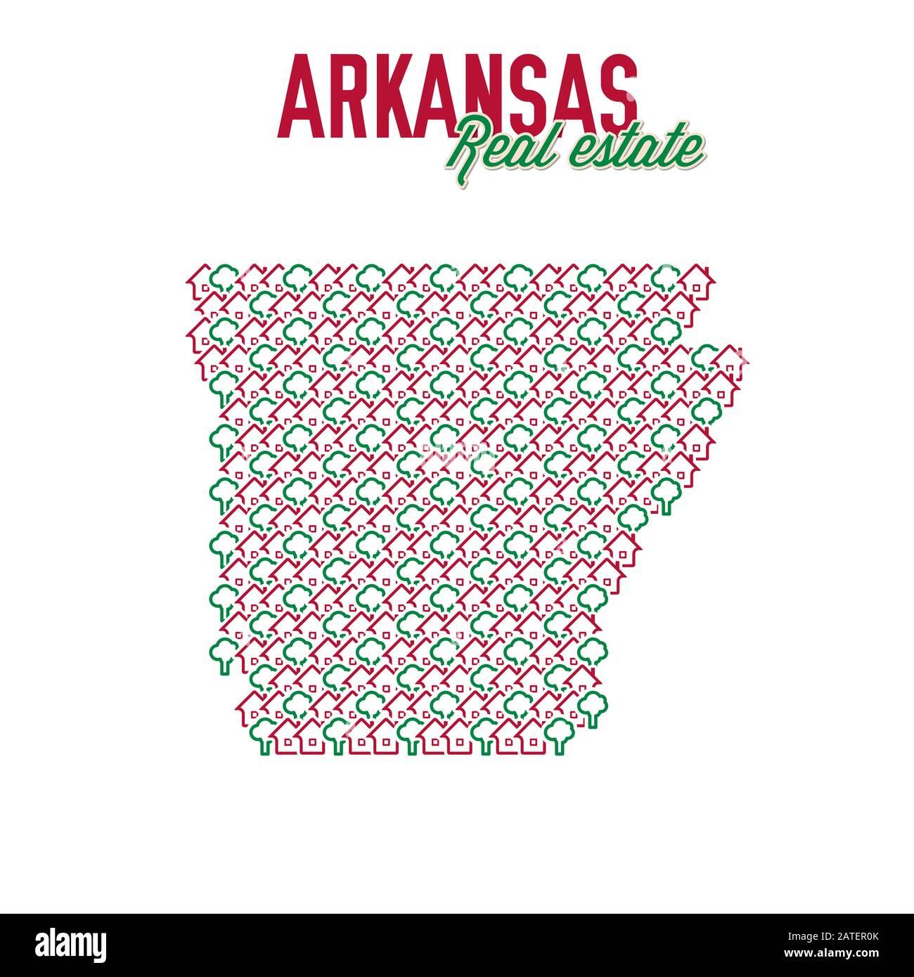 Arkansas real estate properties map. Text design. Arkansas US state