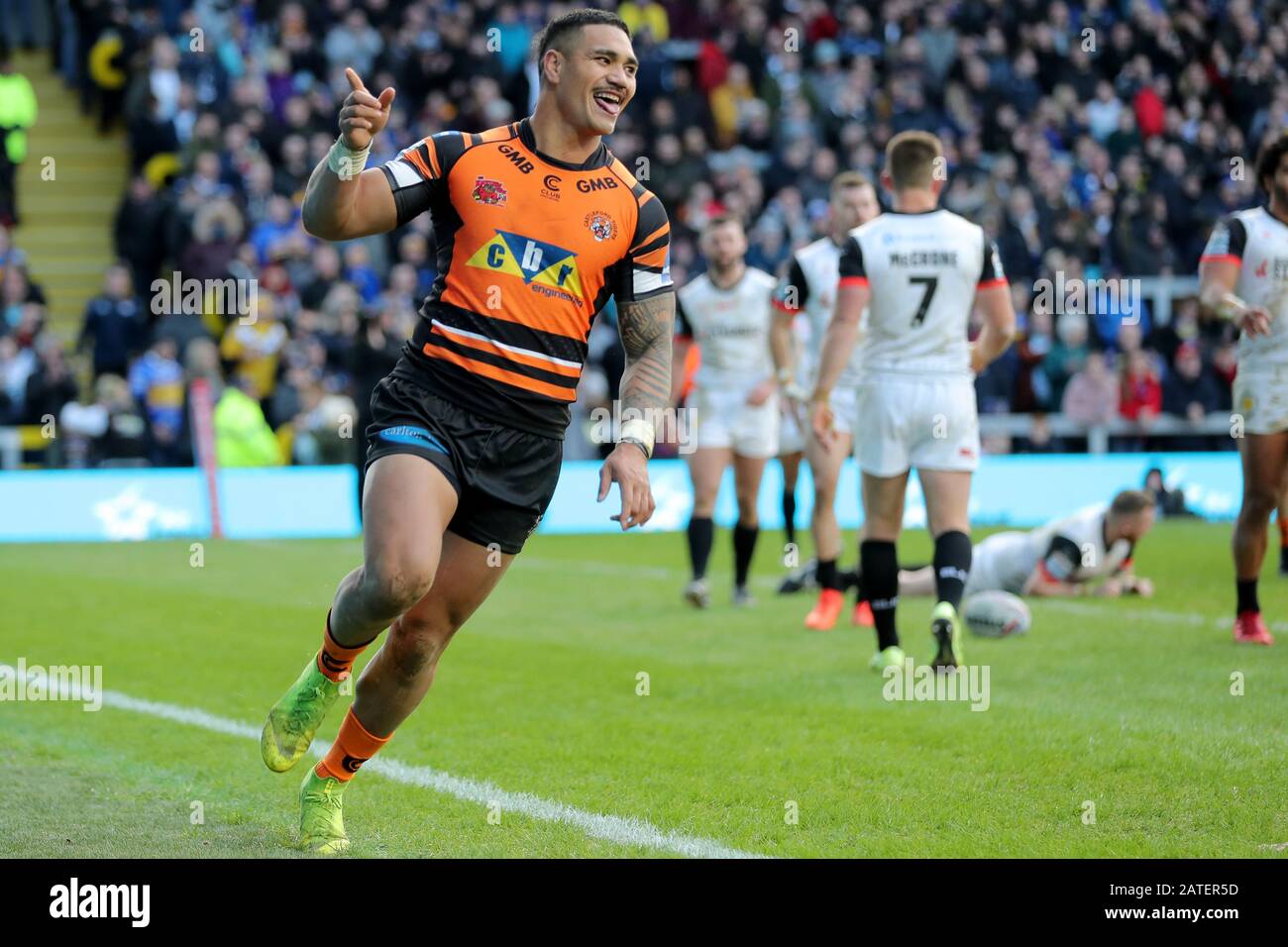 Castleford Tigers Peter Mata’utia celebrates his try during the Betfred Super League match at Emerald Headingley Stadium, Leeds. Stock Photo