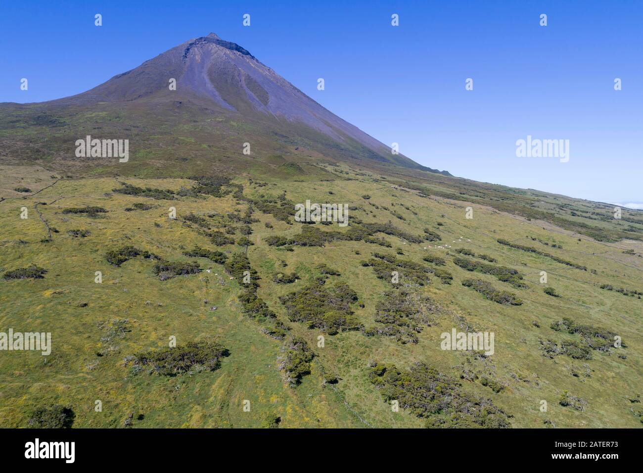 Aerial View of Mount Pico, Ponta do Pico, Mount Pico is the highest elevation of the Mid-Atlantic Ridge, Acores Stock Photo