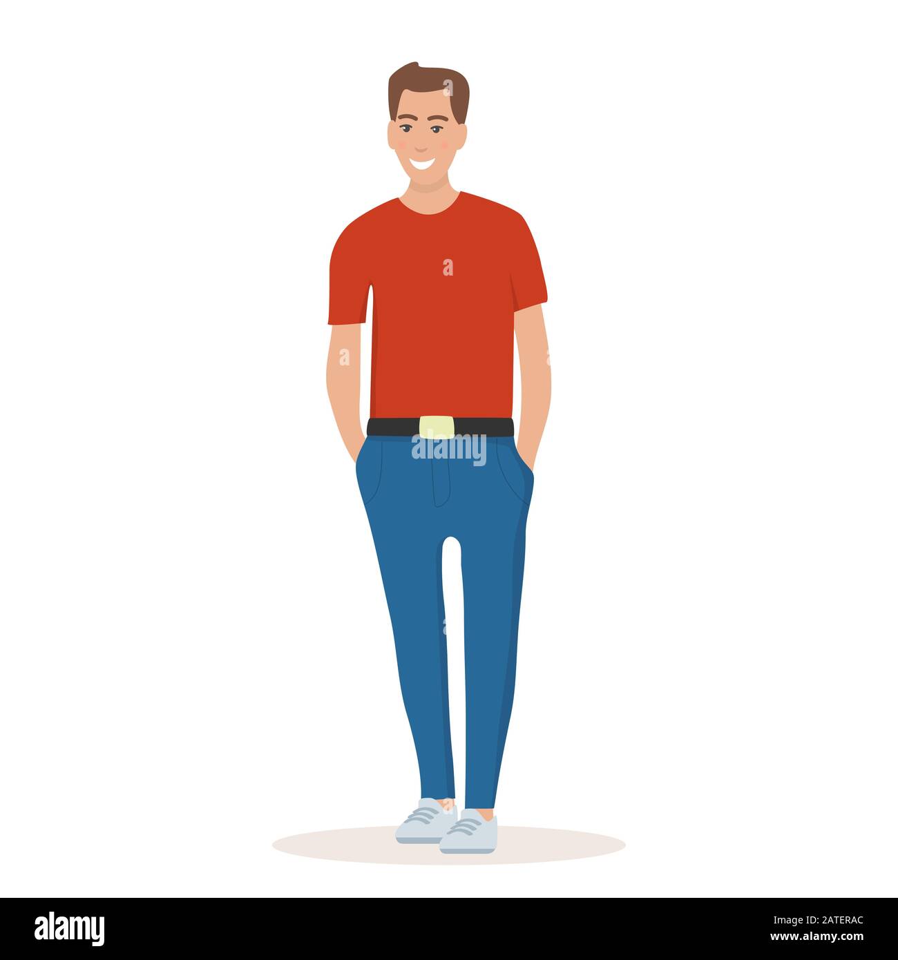 Young man in a t-shirt and trousers standing with hands in pockets, smiling. Man in relaxed pose and in good mood. Flat vector illustration Stock Vector