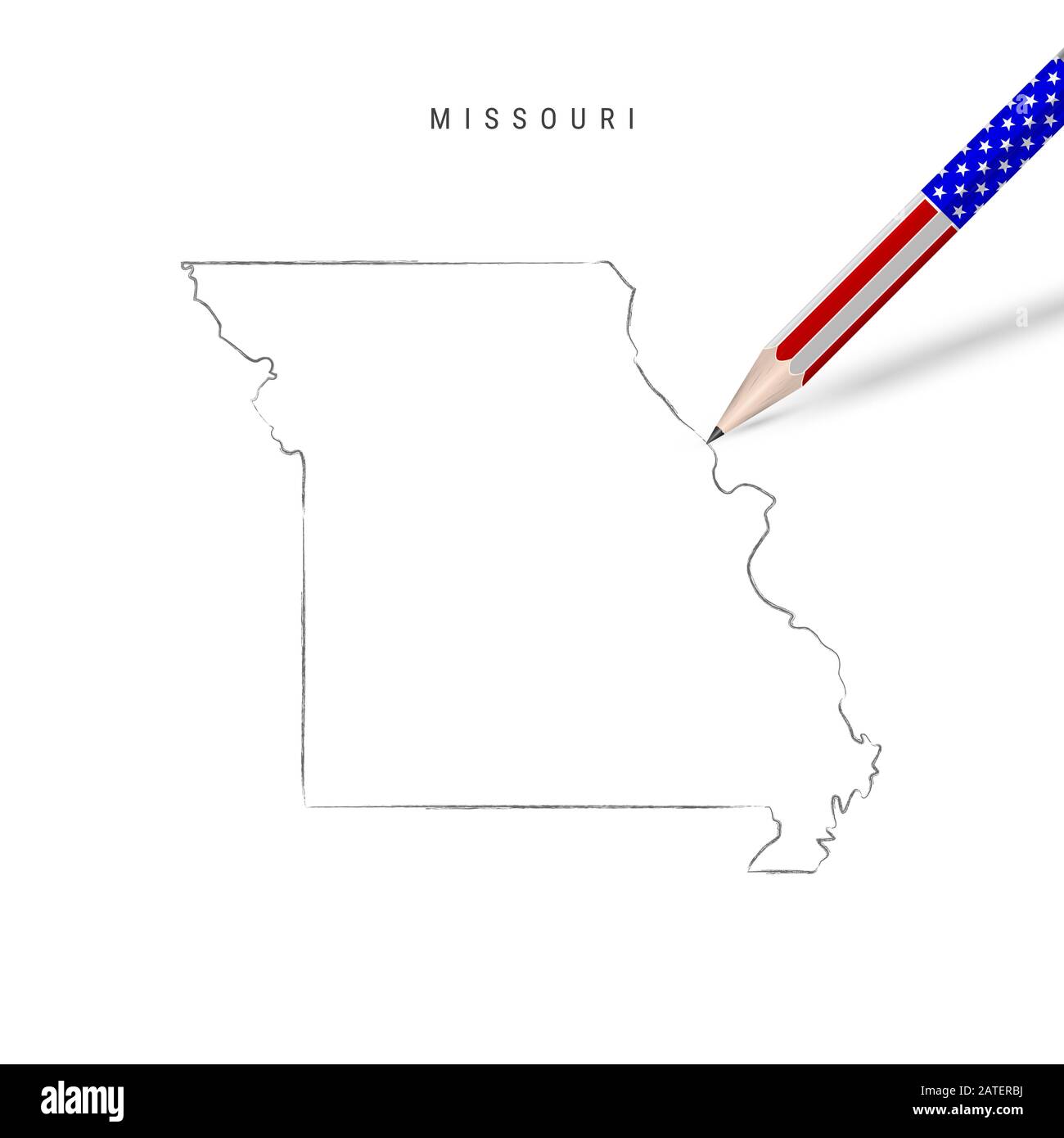 Missouri US state map pencil sketch. Missouri outline contour map with