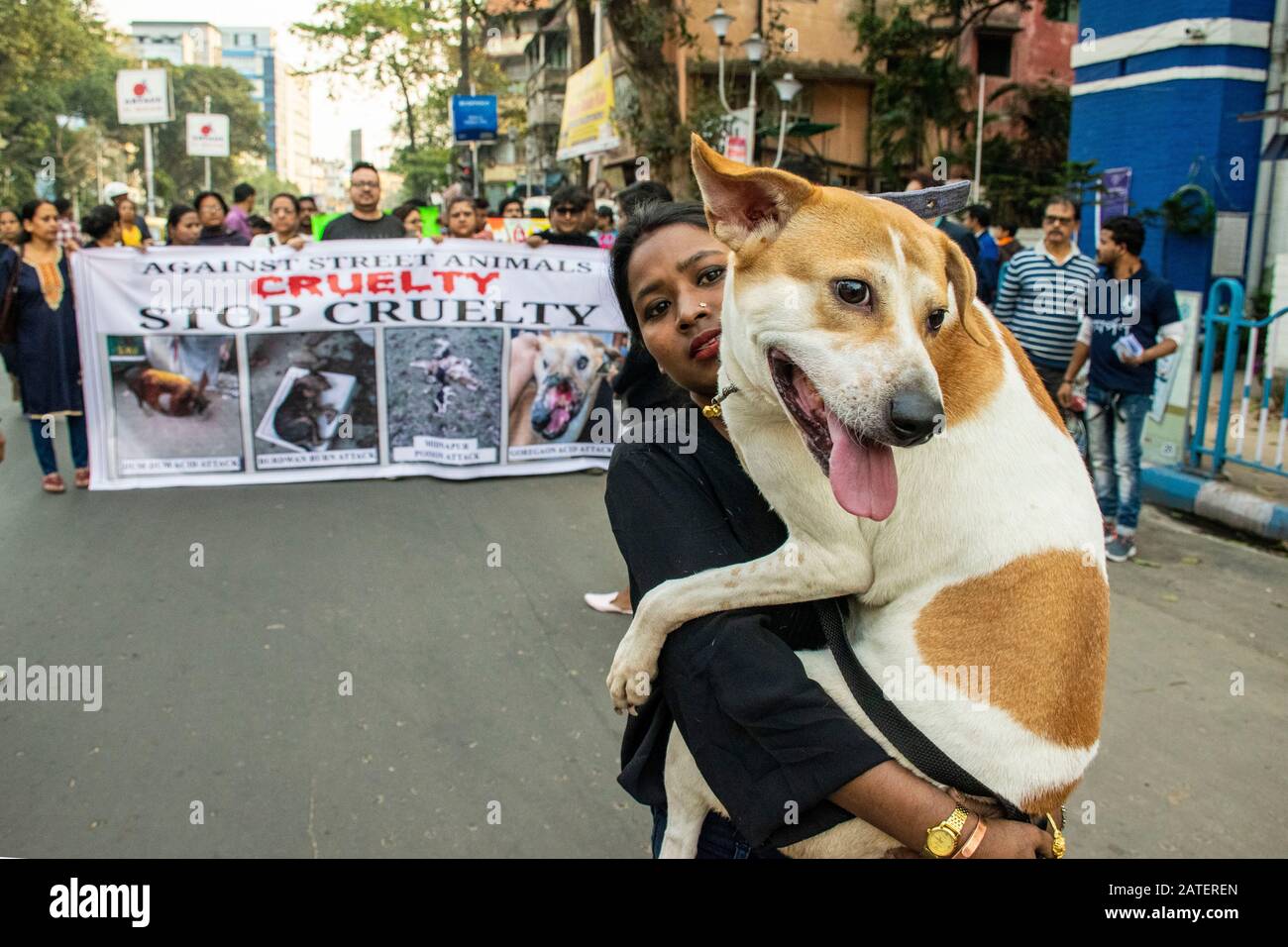Kolkata, India. 02nd Feb, 2020. A protester carrying a street dog takes  part during the  lovers and NGO's from different  districts of West Bengal organised a protest against the street animal