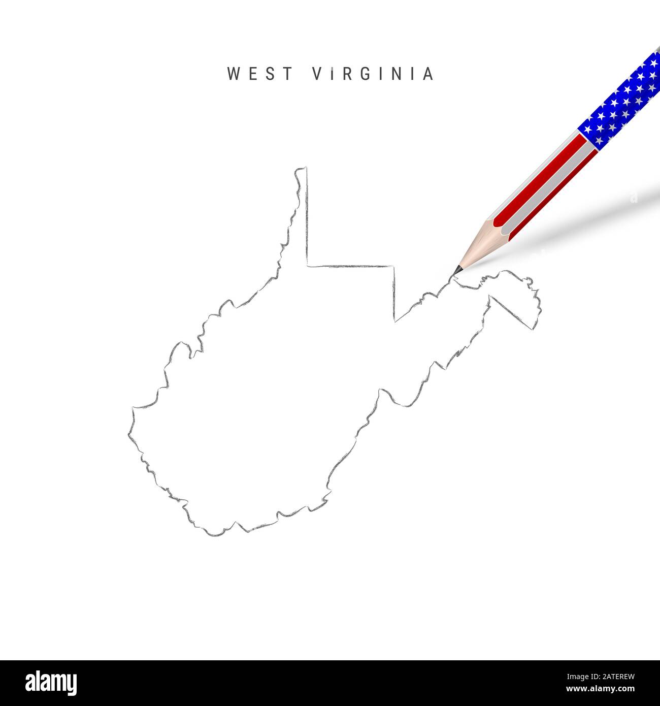West Virginia US state map pencil sketch. West Virginia outline contour map with 3D pencil in american flag colors. Freehand drawing , hand drawn sket Stock Photo