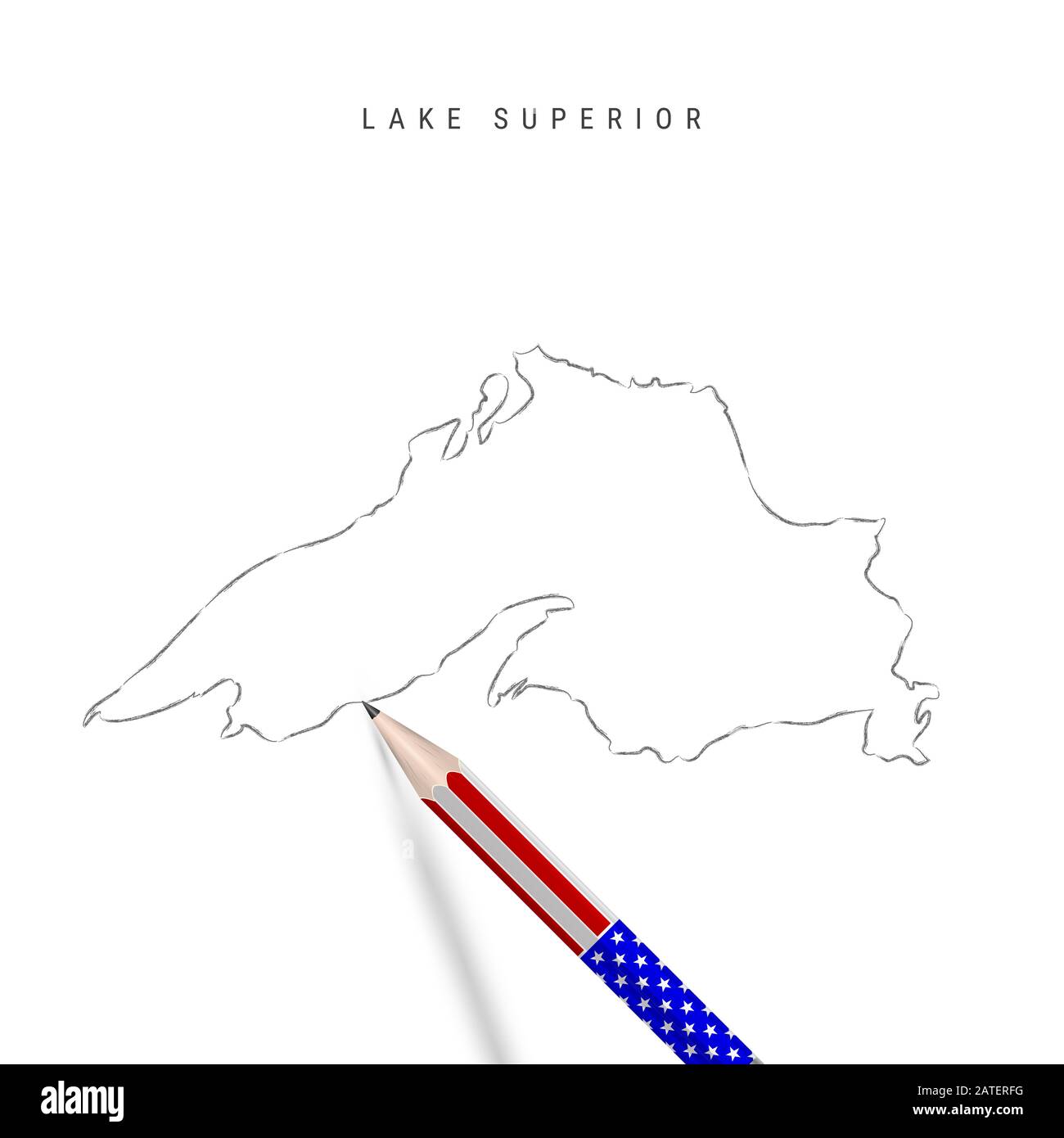 Lake Superior map pencil sketch. Lake Superior outline contour map with 3D pencil in american flag colors. Freehand drawing , hand drawn sketch isolat Stock Photo