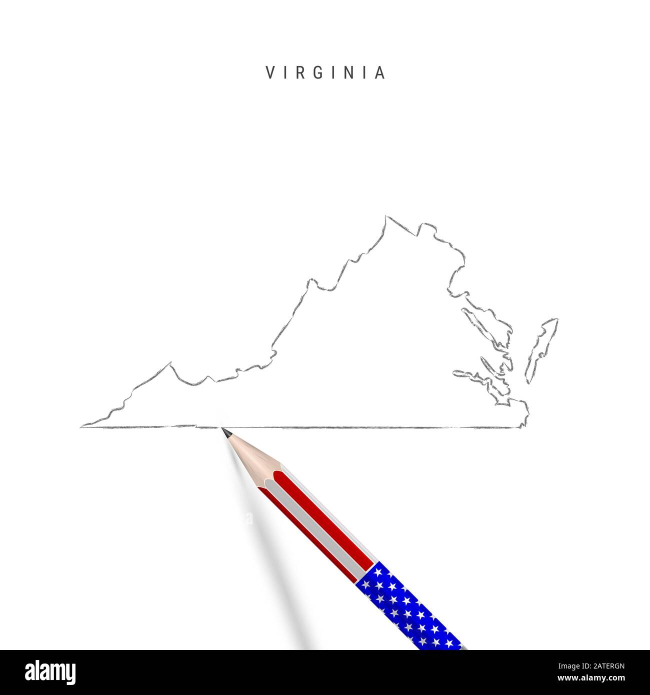 Virginia US state map pencil sketch. Virginia outline contour map with