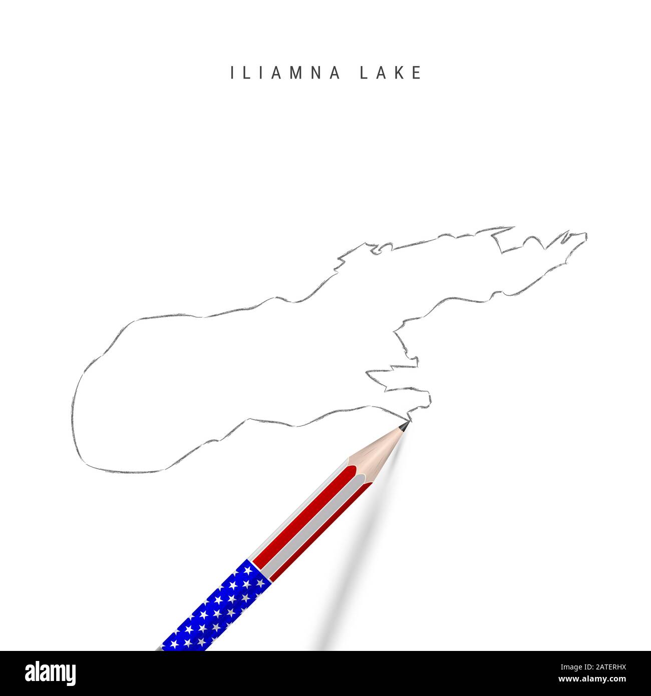 Iliamna Lake map pencil sketch. Iliamna Lake outline contour map with 3D pencil in american flag colors. Freehand drawing , hand drawn sketch isolated Stock Photo