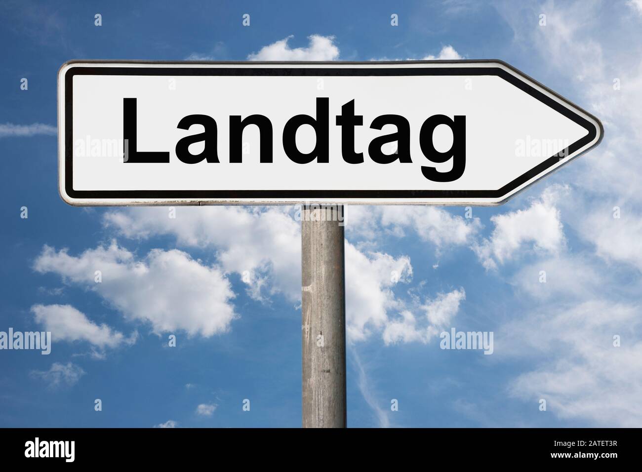 Detail photo of a signpost with the inscription Landtag (State Parliament) Stock Photo