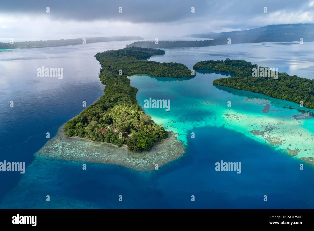Aerial View from Luten's Village, Marovo Lagoon, Maybe the bigest Saltwater lagoon of the World, Solomon Islands, Solomon Sea Stock Photo
