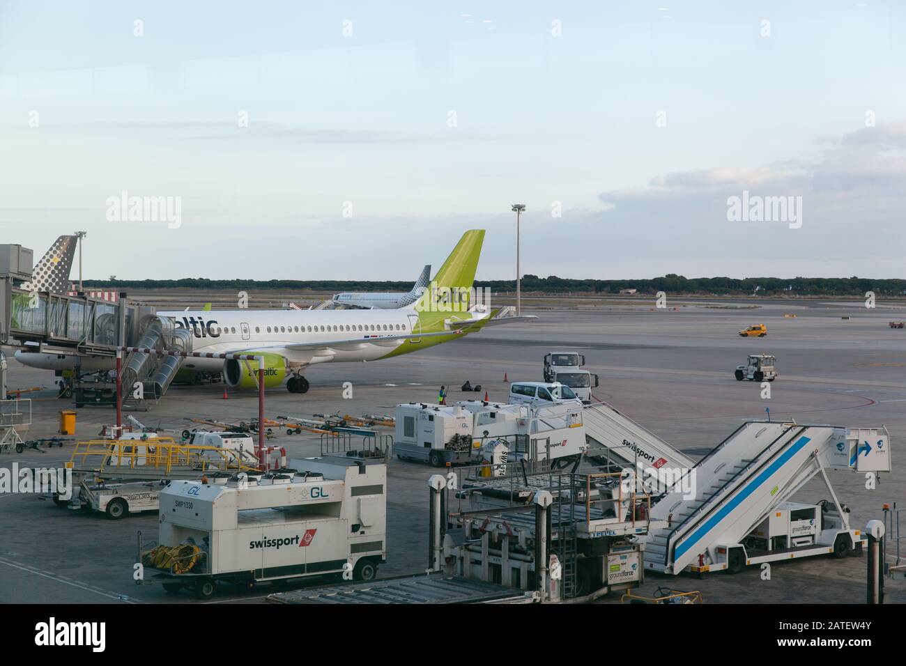 Barcelona, Spain - 29 December 2019: Airbaltic airplane being prepared for take off in Barcelona El Prat airport Stock Photo