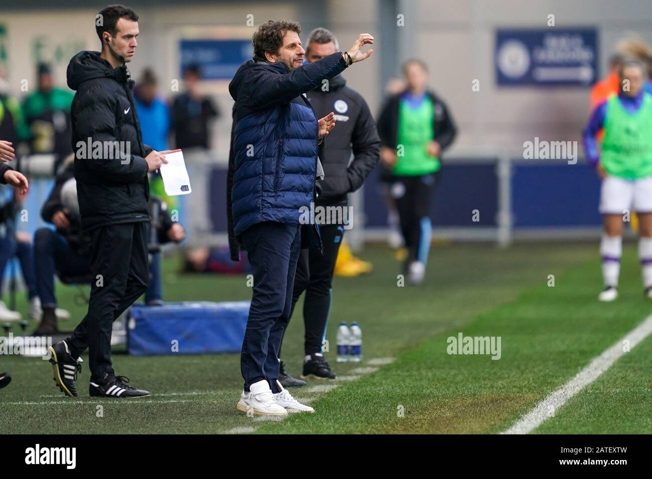 Manchester, UK. 2nd February 2020. Joe Montemurro Manager of Arsenal on the sideline during the Barclays FA Women's Super League football match between Manchester City Women and Arsenal Women at Academy Stadium in Manchester, England on 02 February 2020. Credit: SPP Sport Press Photo. /Alamy Live News Stock Photo