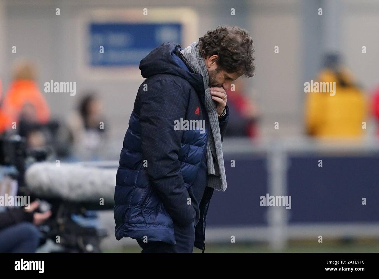 Manchester, UK. 2nd February 2020. Joe Montemurro Manager of Arsenal thoughtful on the sideline during the Barclays FA Women's Super League football match between Manchester City Women and Arsenal Women at Academy Stadium in Manchester, England on 02 February 2020. Credit: SPP Sport Press Photo. /Alamy Live News Stock Photo