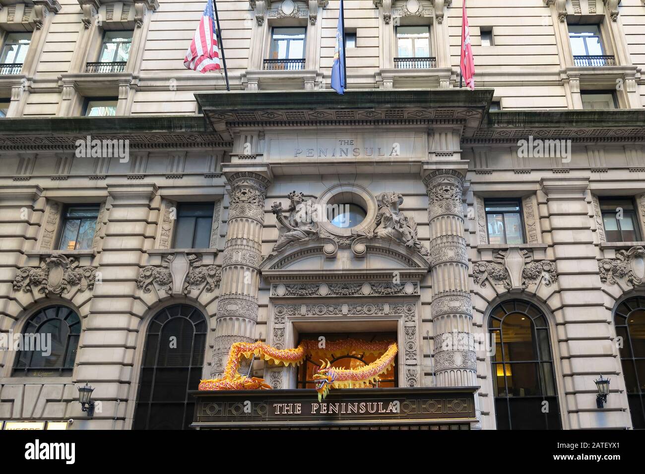 The Peninsula Hotel with Lunar New Year Holiday Decorations, NYC Stock Photo