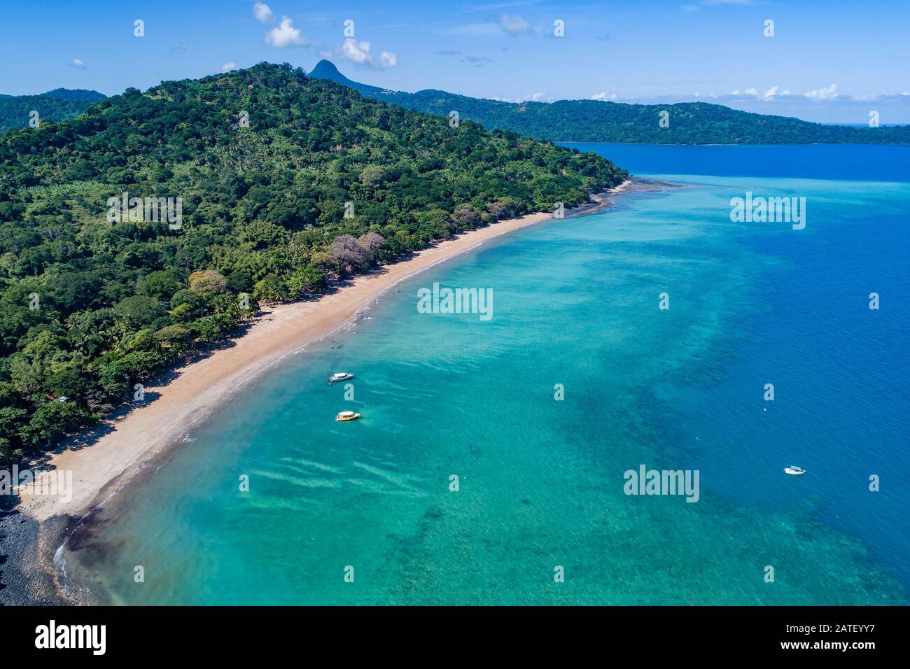 Aerial View from Plage de N‘Gouja, Beach of NGouja, Plage de N Gouja, Kani-Keli, Mayotte, Indian Ocean Stock Photo