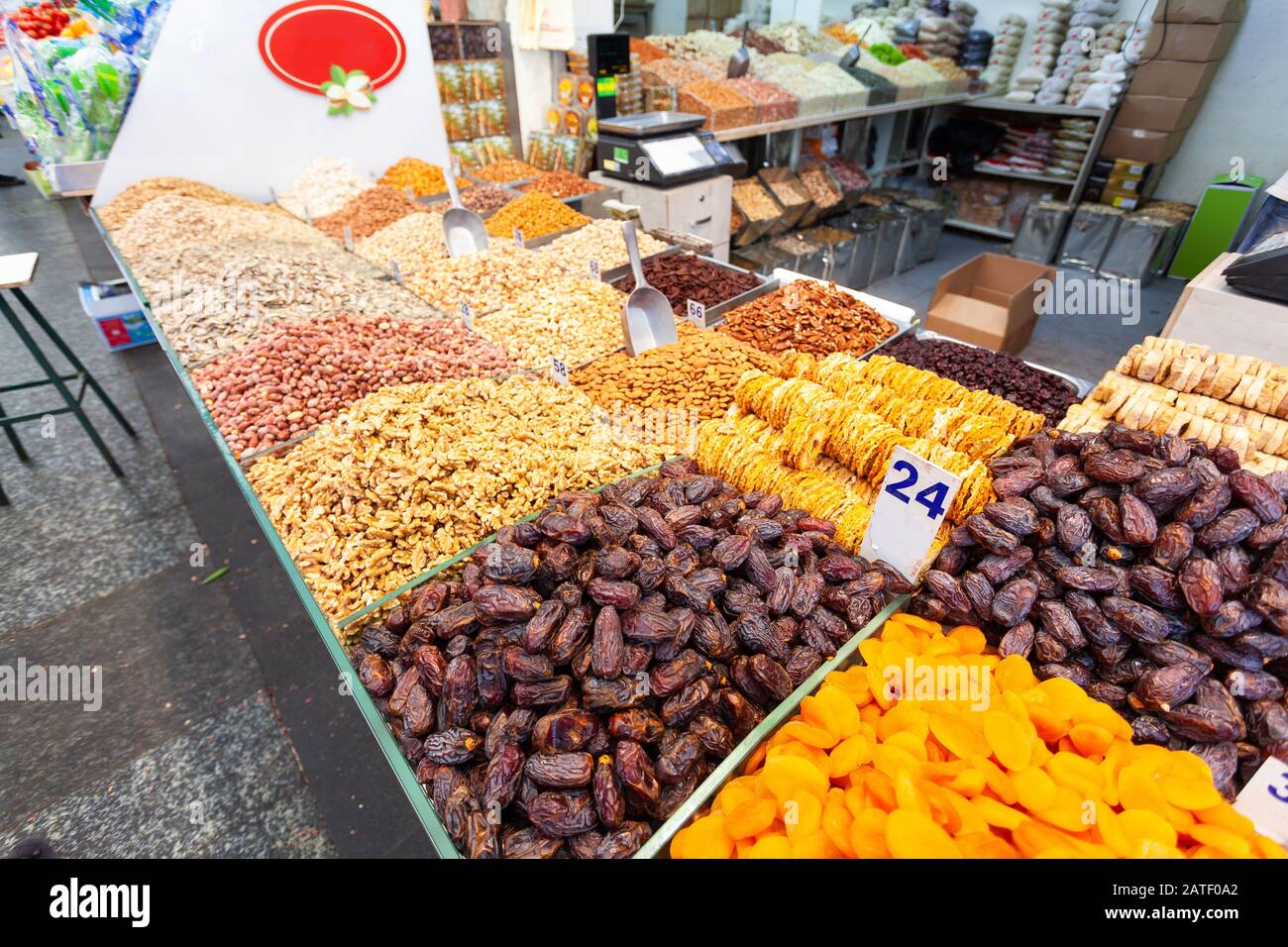 Dried fruits and nuts at Mahane Yehuda Market in Jerusalem, Israel