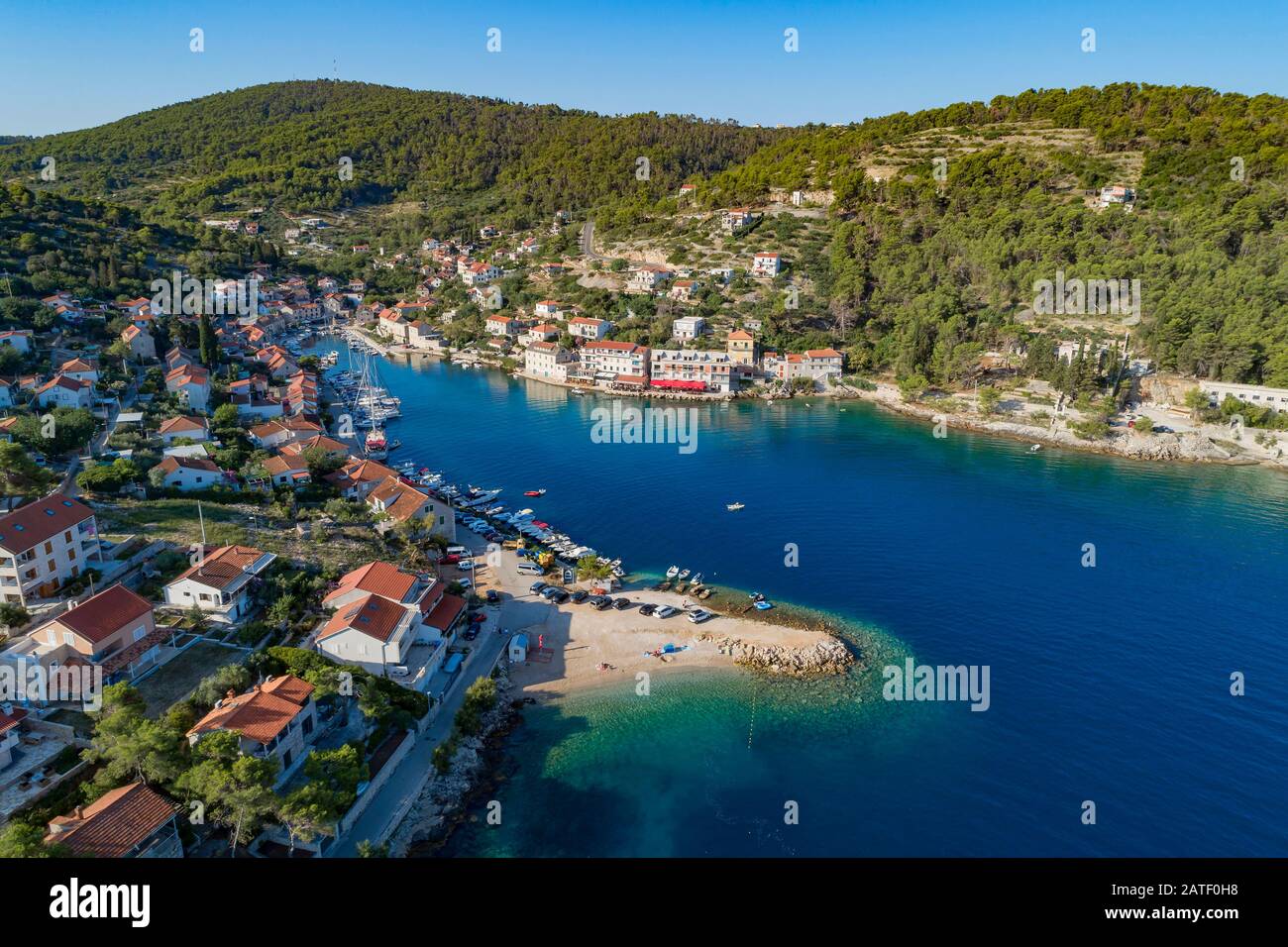 Aerial View of fishing village Stomorska, Island Solta, Dalmatia, Croatia, Adriatic Sea, Mediterranean Sea Stock Photo