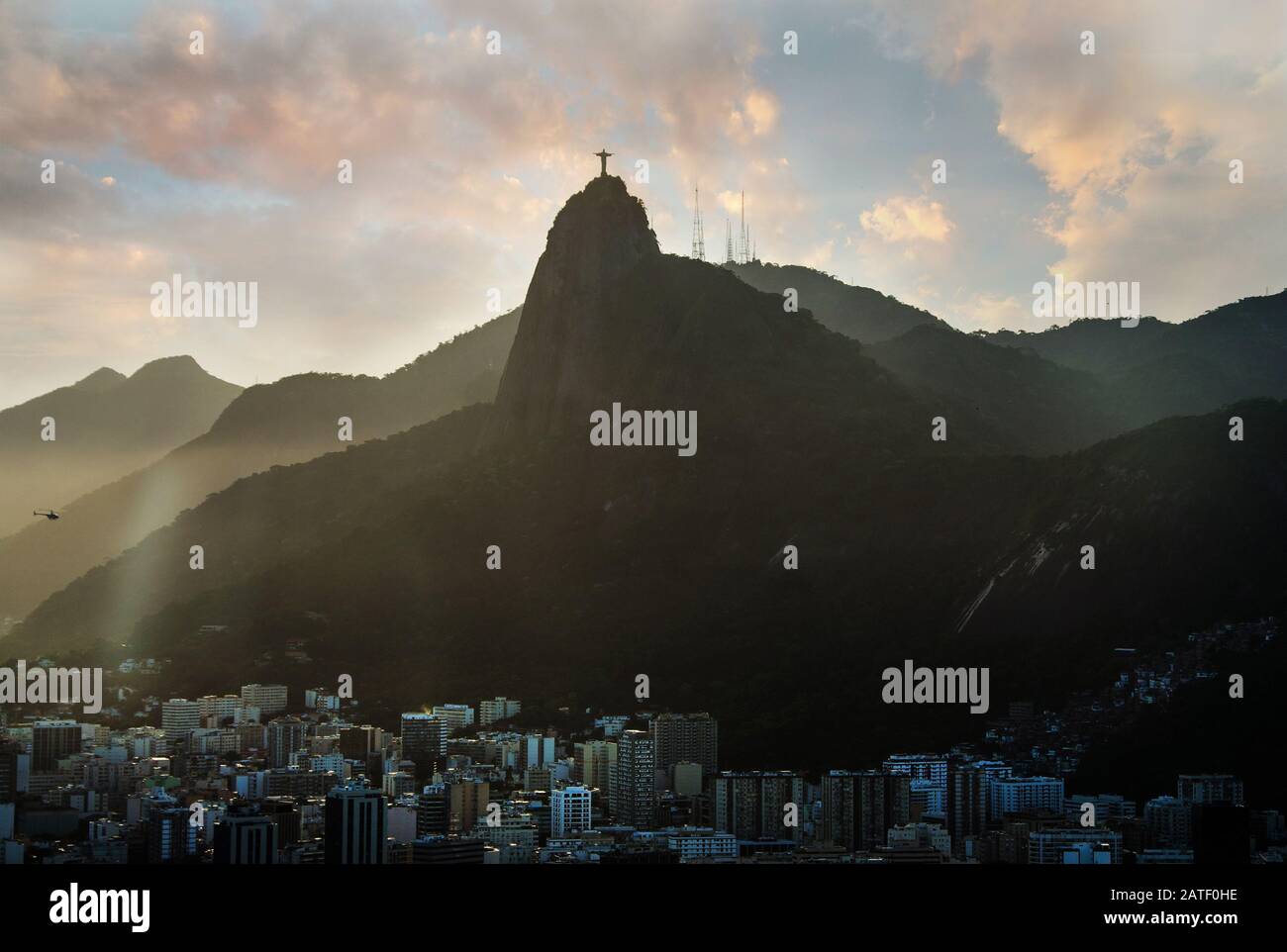 sunset views of Jesus and Corcovado in Rio de Janeiro Stock Photo