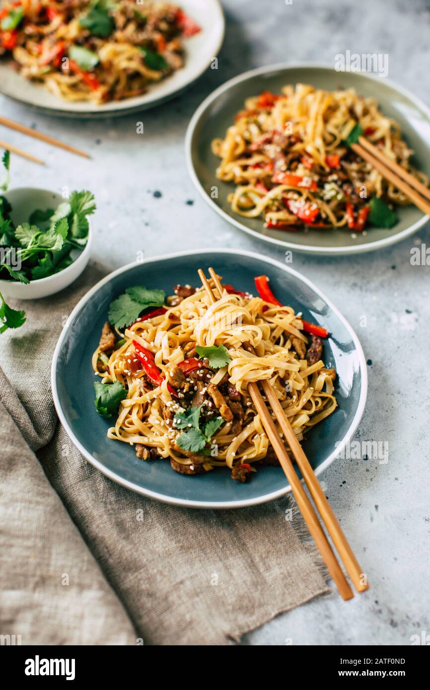 Asian food, udon noodles with vegetables, healthy vegetarian menu Stock
