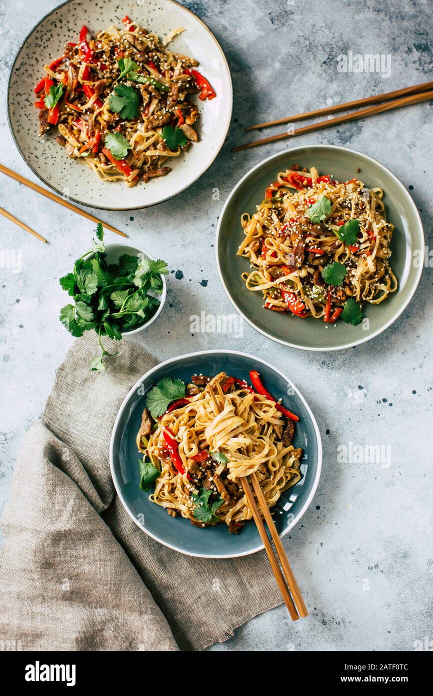 Asian food, udon noodles with vegetables, healthy vegetarian menu Stock