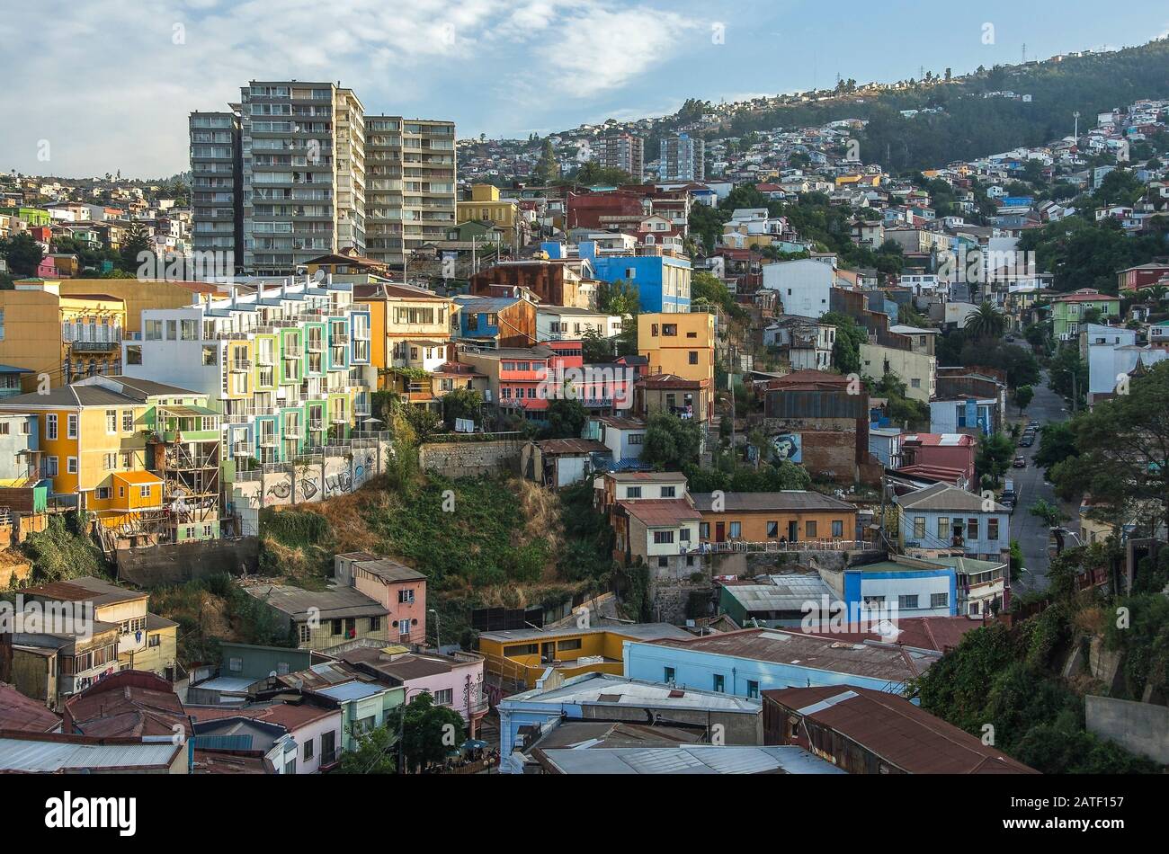 Colorful buildings of Valparaiso, Chile. Beatiful panoramic view of the Valparaiso Chile Stock Photo