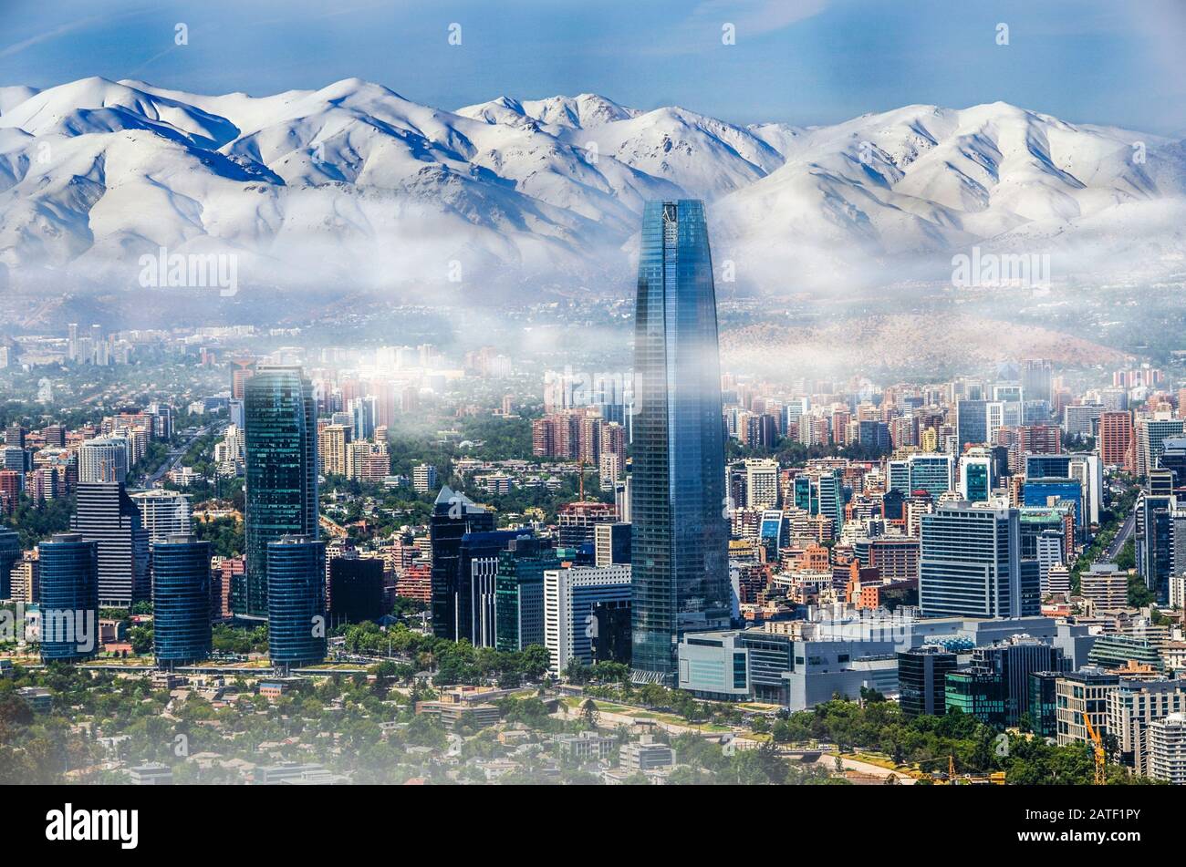 Aerial view on skyscrapers of Financial District of Santiago, capital of  Chile under early morning fog Stock Photo - Alamy