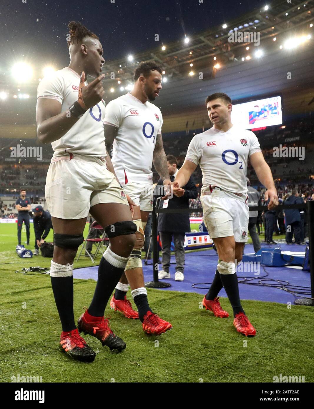 England S Maro Itoje Left Courtney Lawes Centre And Ben Youngs Walk Off After The Guinness Six Nations Match At The Stade De France Paris Stock Photo Alamy