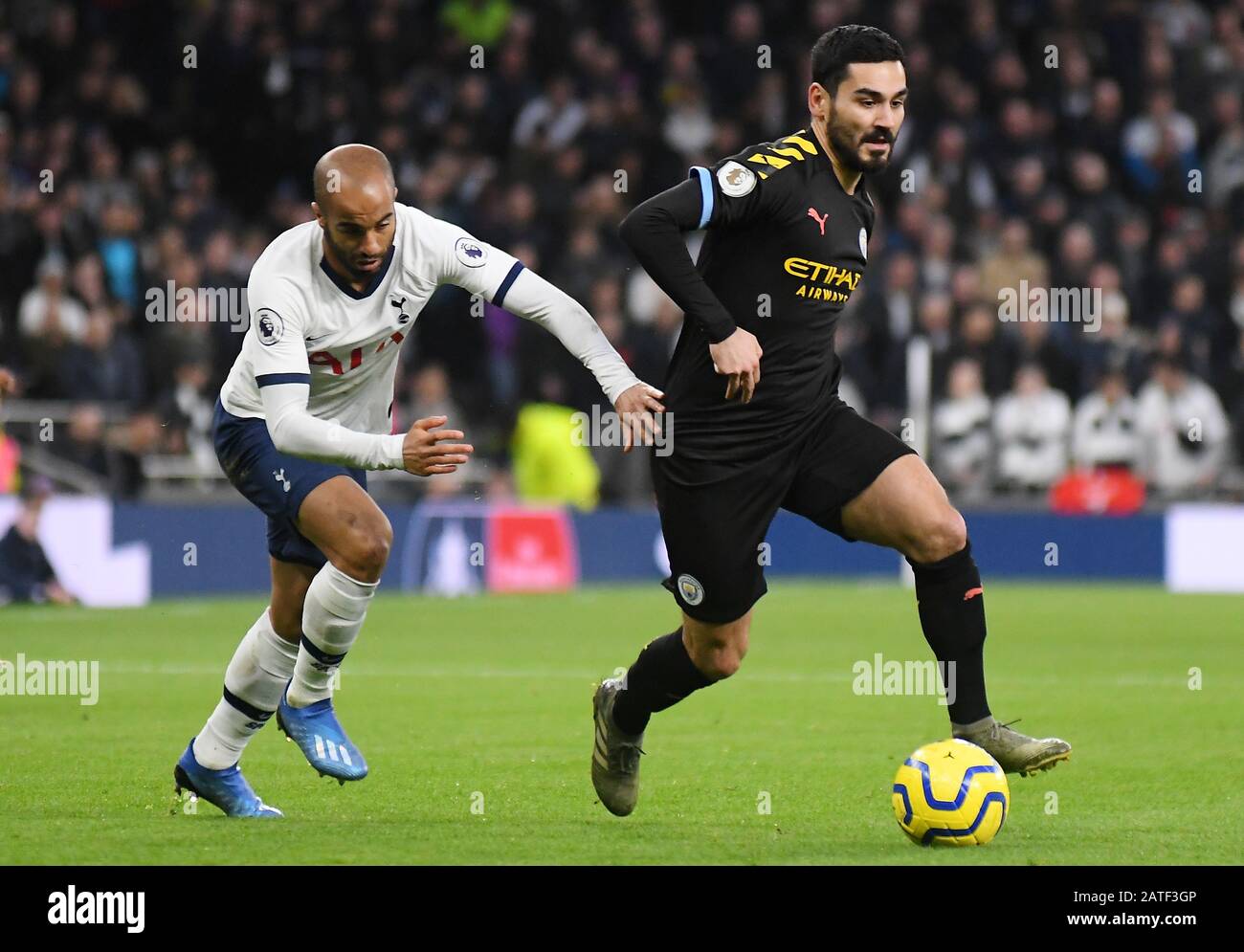 LONDON, ENGLAND - FEBRUARY 2, 2020: Lucas Moura of Tottenham and Ilkay Gundogan of City pictured during the 2019/20 Premier League game between Tottenham Hotspur FC and Manchester City FC at Tottenham Hotspur Stadium. Stock Photo