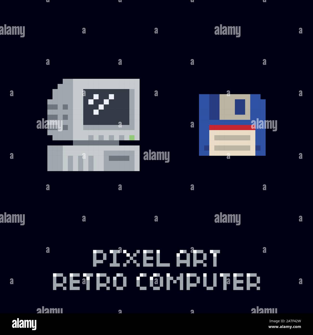 Pixel art retro computer and blue floppy diskette icon - vintage 8 bit vector set on dark background Stock Vector