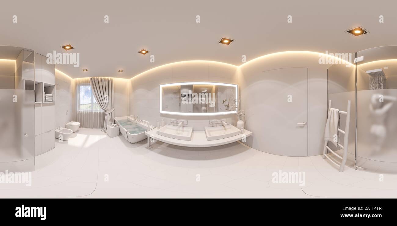 3d render spherical 360 degrees, seamless panorama of a bathroom in a private house. Interior design in white Stock Photo